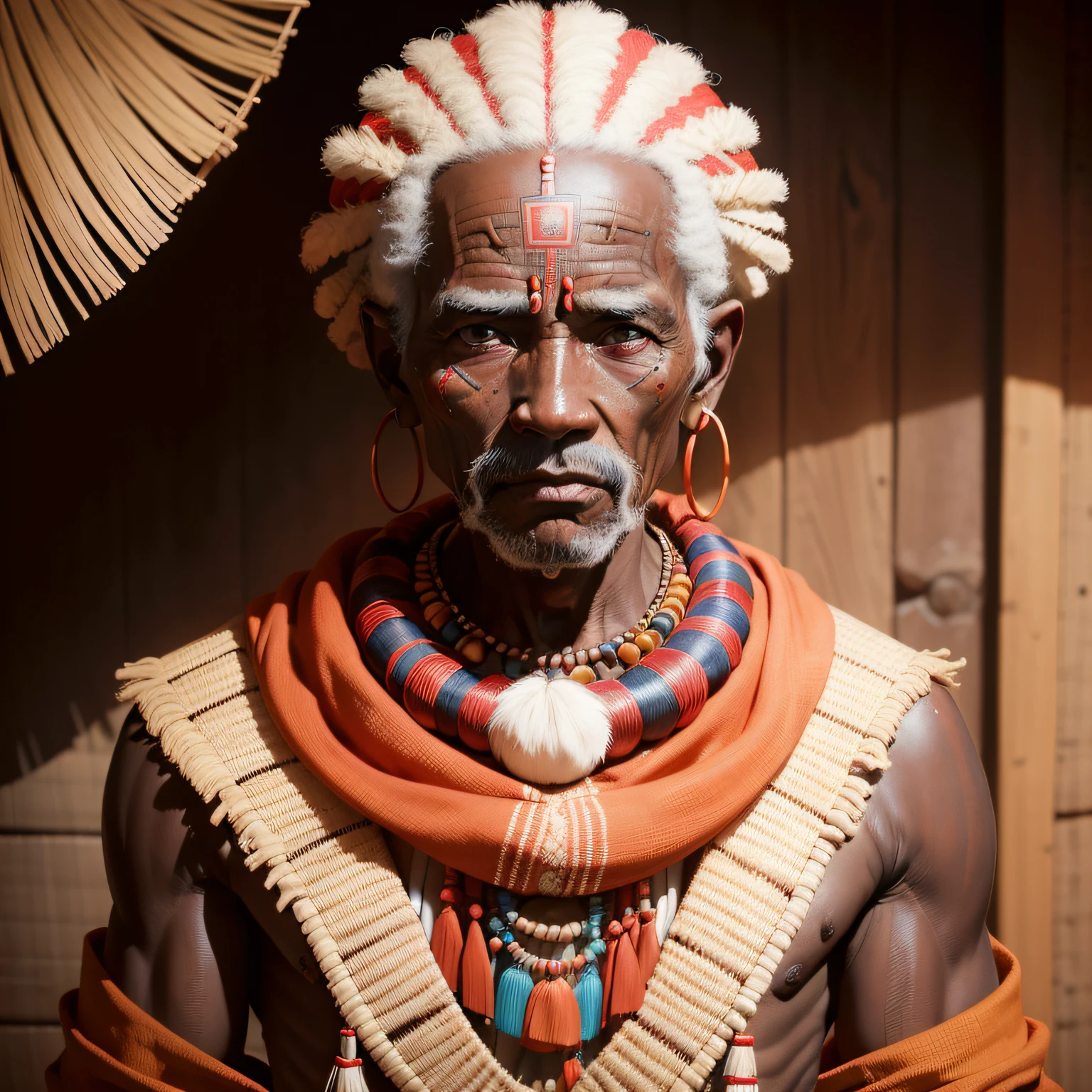 there is a man with a red and white headdress and a necklace, indigenous man, massai warrior, african facial features, portrait of an old, east african man with curly hair, by Dietmar Damerau, by Edwin Georgi, portrait shot, african man, ancient tribe, facial tribal markings, an old lady with red skin, portrait shot 8 k