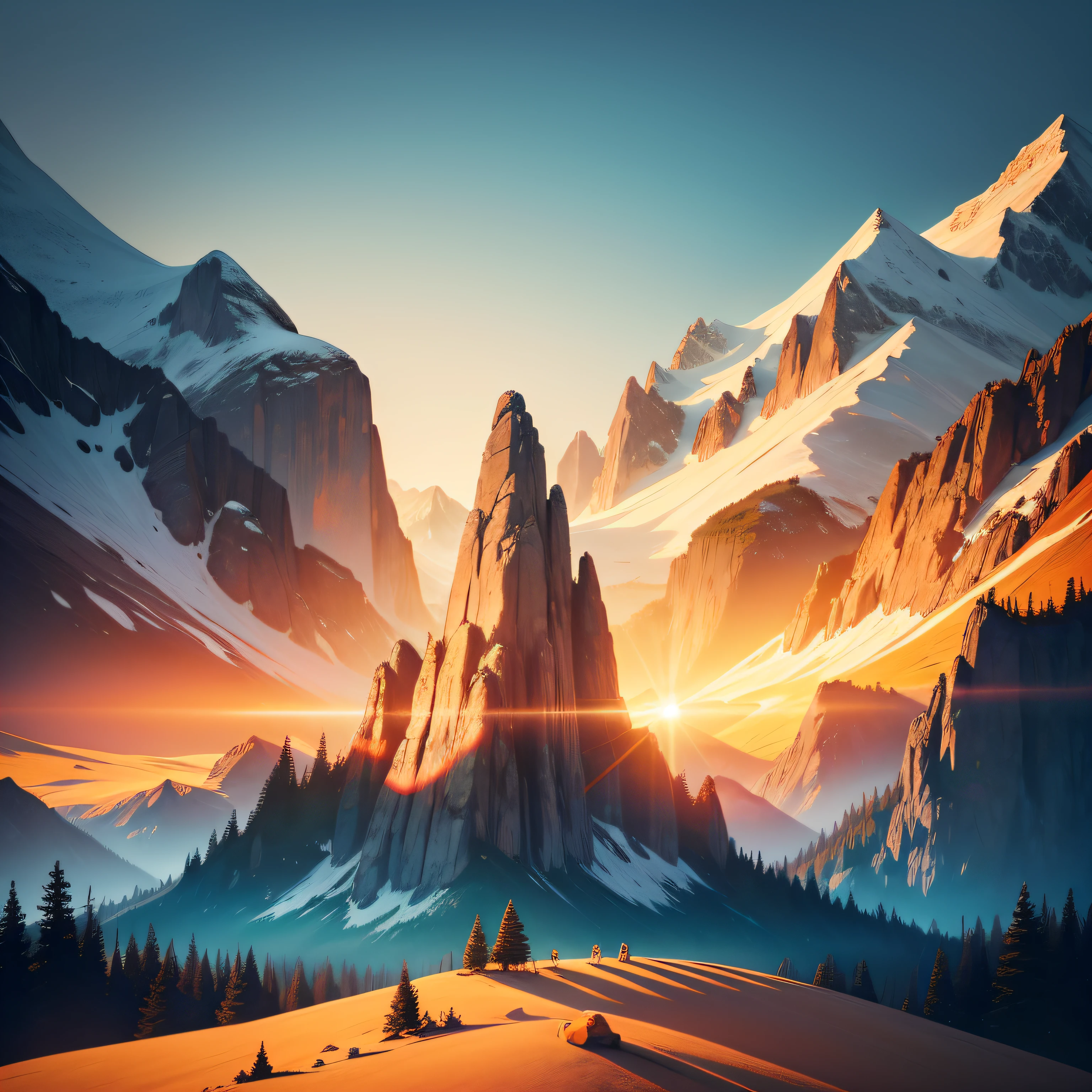 T-Shirt Graphic Design Artwork, Trekker flat design in lush forest, mountainscape, Colorful shades, Highly detailed clean, Vector image, photo-realistic Masterpiece, professional photograpy, Monster simple sunrise background, Flat white background, isometric, vibrant vector