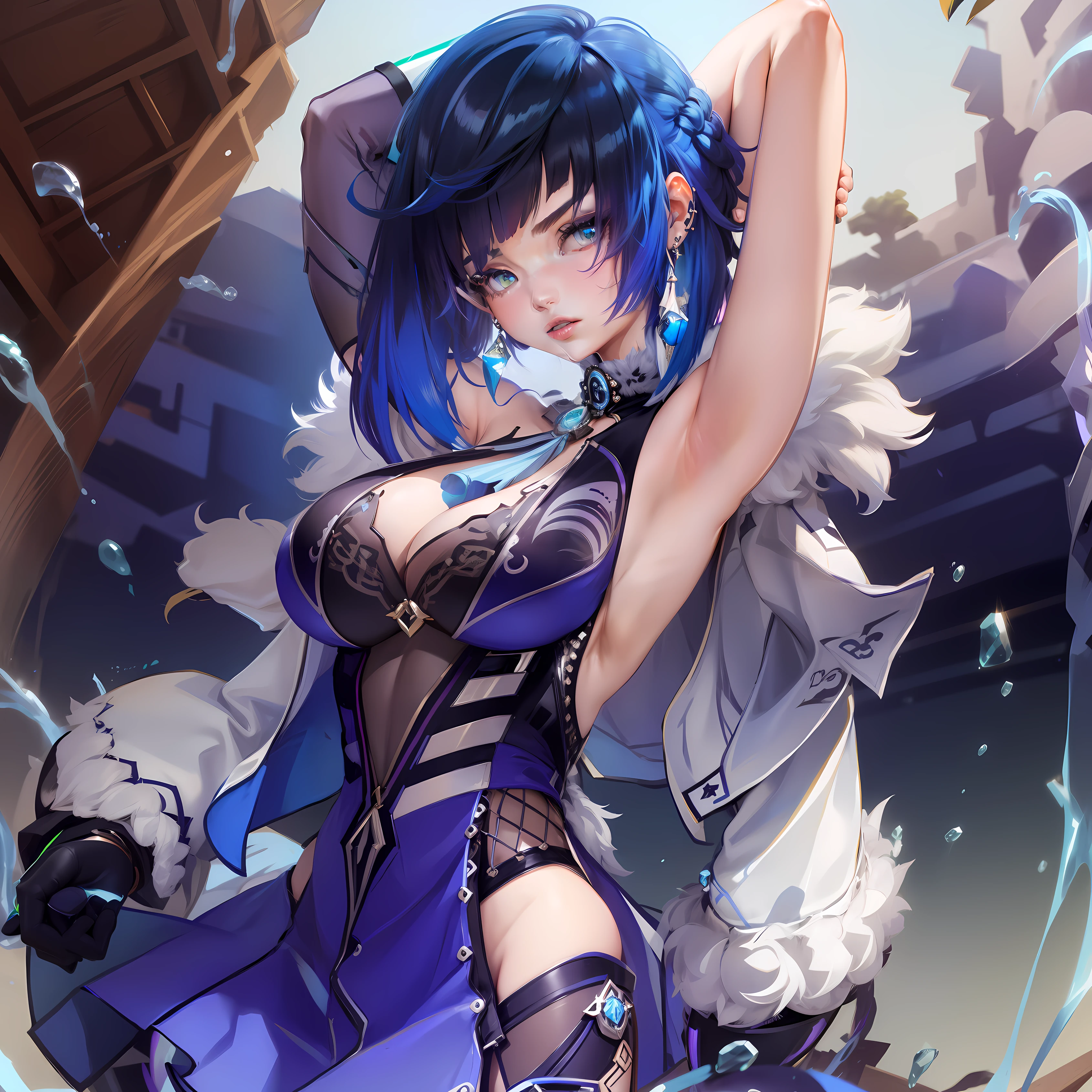 1girl, absurdres, armpits, arms up, bare shoulders, black pants, blue hair, bracelet, breasts, cleavage, commentary request, cowboy shot, earrings, fur-trimmed jacket, fur trim, genshin impact, green eyes, highres, jacket, jewelry, large breasts, leggings, pants, purple lips, short hair, sleeveless, solo, standing, thighs, white jacket, yelan (genshin impact), ymmy203203">