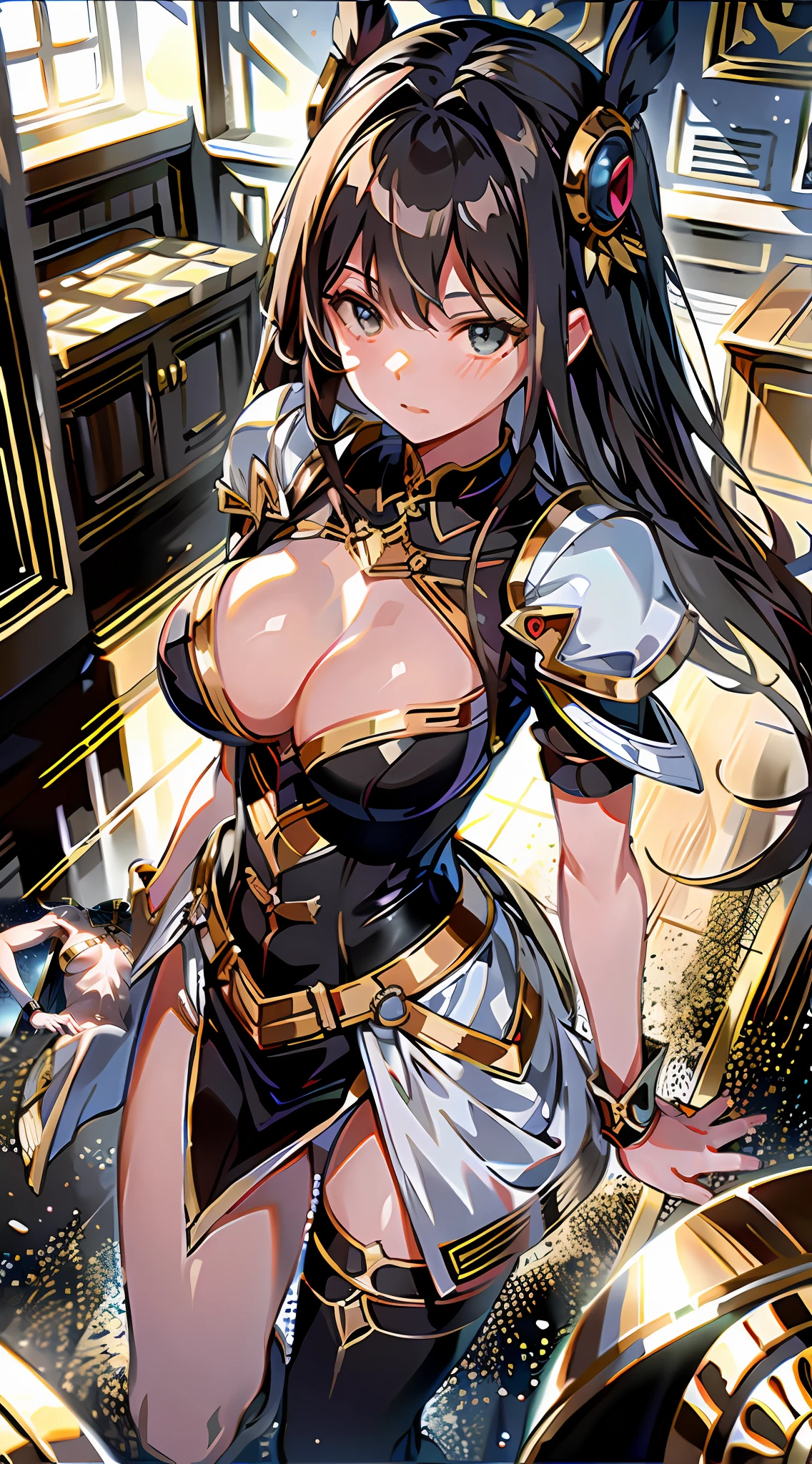 A high resolution，（tmasterpiece：1.4），ultra - detailed，鎖骨，1girll，no clothes are worn，pubes，Southern Hemisphere，nabel，upper legs，lower back，from the above，the space，afloat，nedium breasts，teat，black lence stockings，pale brown hair，Golden eyes，Hand out of the box，Tattered，Raised sexy，Q bomb