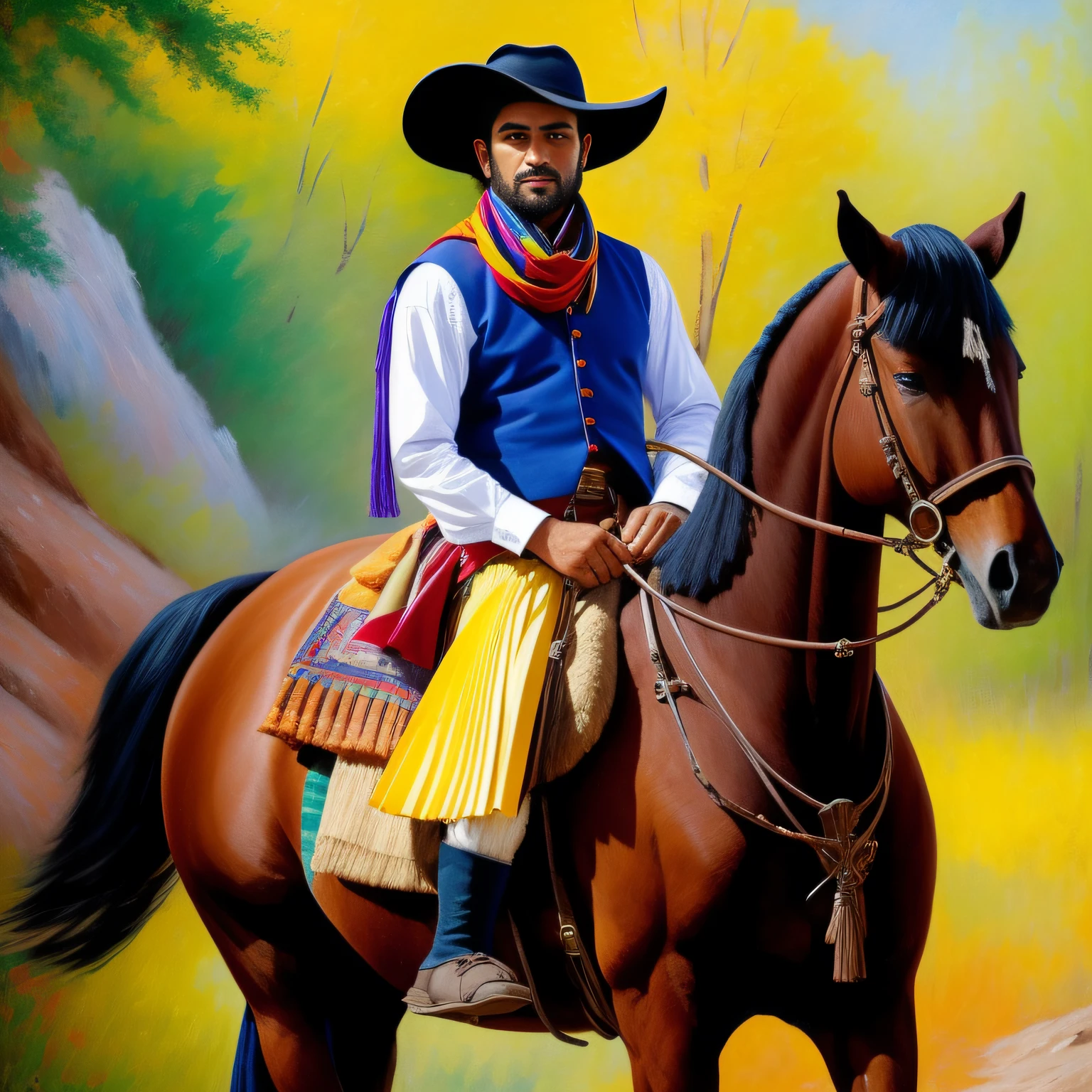 A gaucho wearing bombachas (Wide pleated pants), scarf around the neck, hat and leather boots, montado a cavalo. Estilo de pintura: "impressionismo", com cores vibrantes bem definidas em 8K. Paint so that the characters are easily recognizable and reveal the perfection of the persona's facial expressions