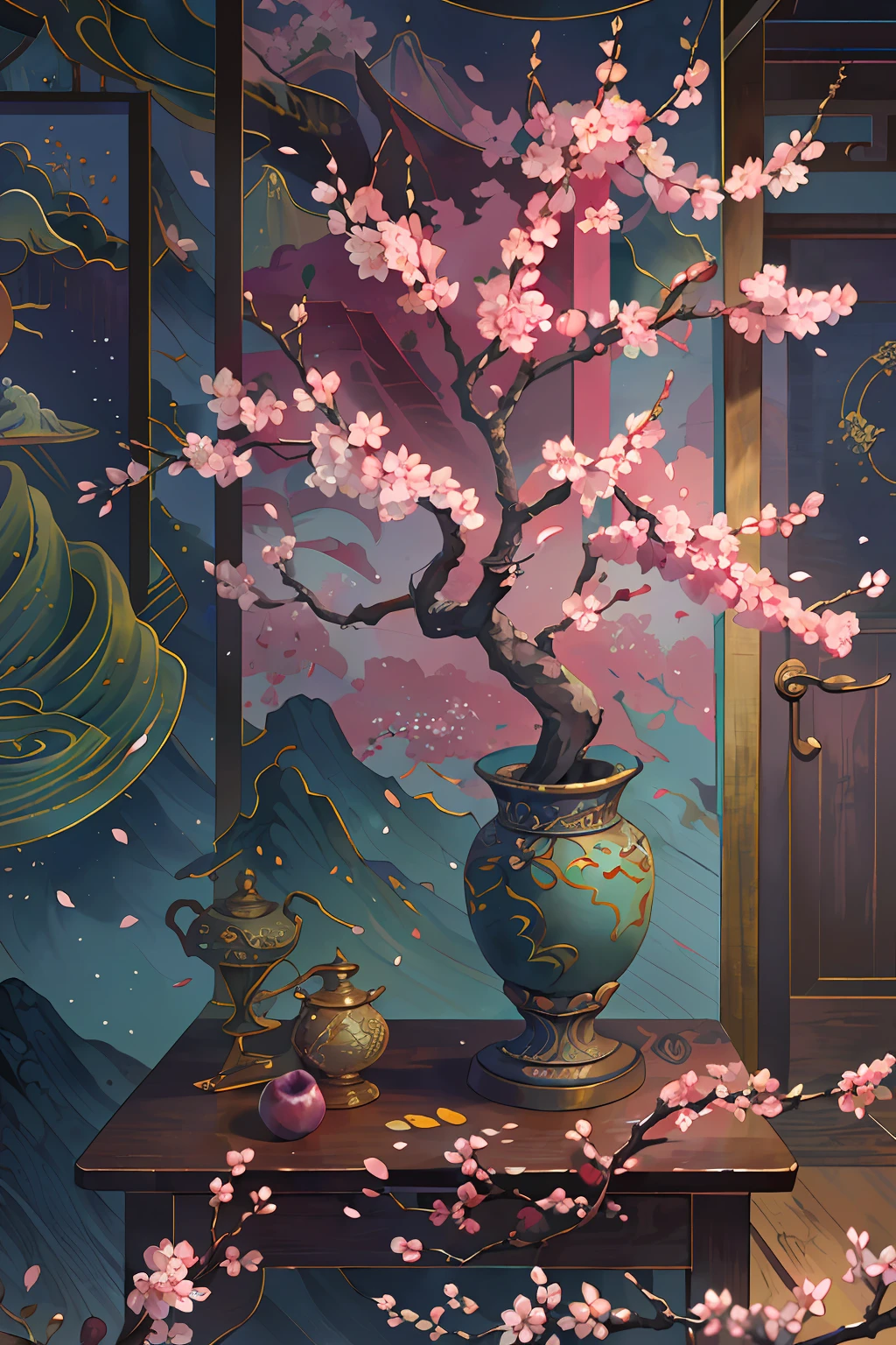 Original，（illustratio：1.1），（best qualtiy），（tmasterpiece：1.1），（the Extremely Detailed CG Unity 8K Wallpapers），（a color：1.2），Plum blossom god，Wax flower tree，Plum petals，scenecy，rios|Wagas，