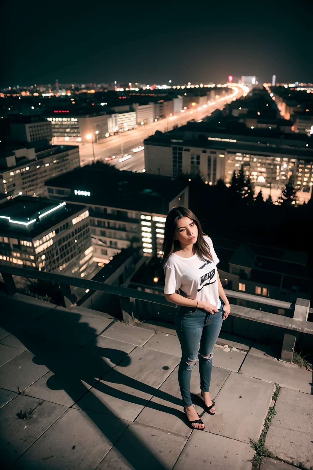 1italain girl, realistic, dramatic, 1girl, 21 years old italian girl, night sky, midnight, dark place, dark forest, dark shadow, (dim light, :1.4), (rim lighting:1.1), (two tone lighting:1.1), urban landscape, cityscape, downtown, from above, reflections on wet pavement, dark alleys, smoky atmosphere, wearing white basic plain Teeshirt, full length tee-shirt, with tight full jeans, perfect thighs, heel's, beautiful girl, model shoot