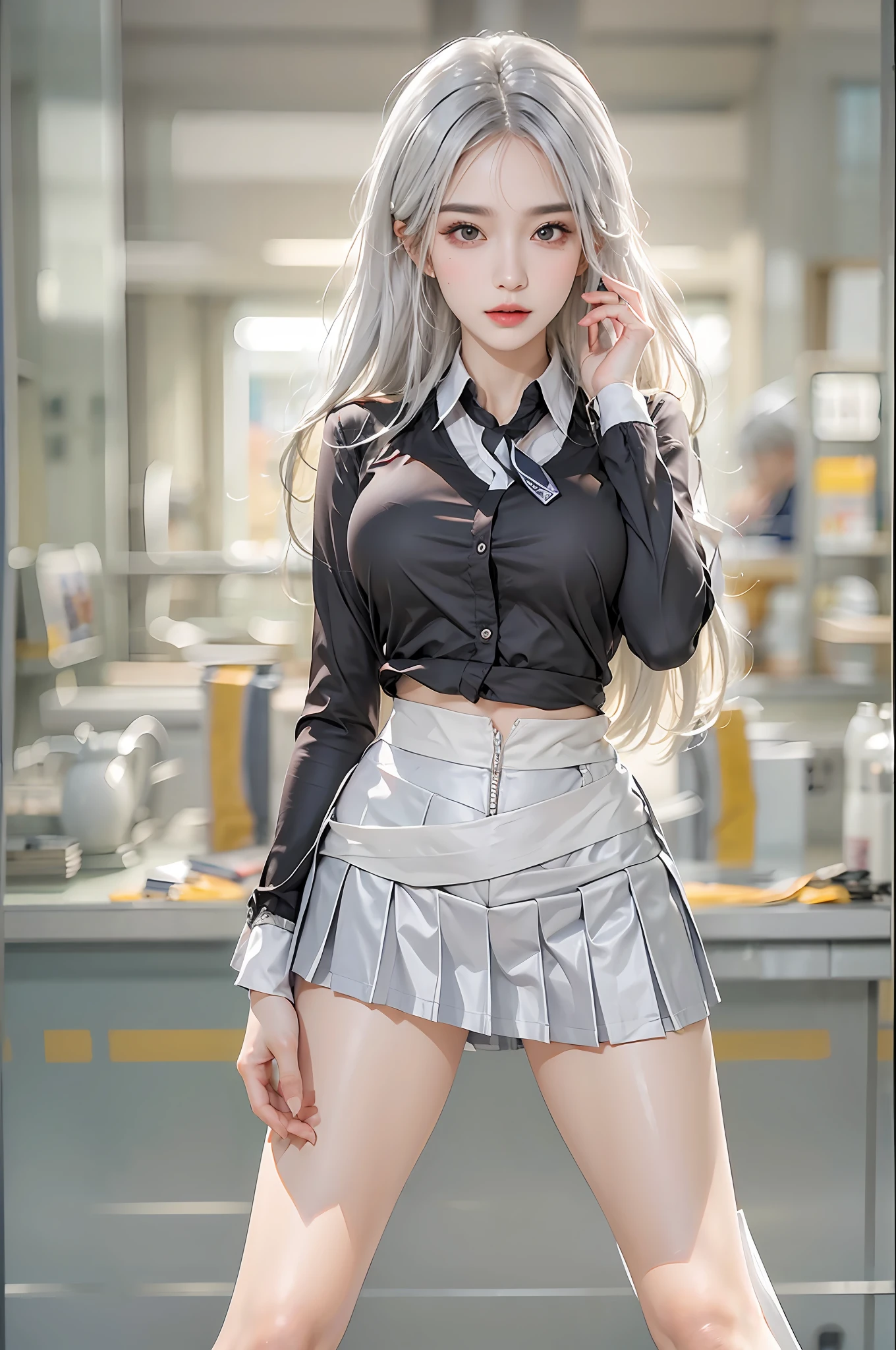 photorealistic, high resolution, 1 women, solo, hips up, look at viewer, (detailed face), white hair, long hair, secretary uniform, skirt, lace bra