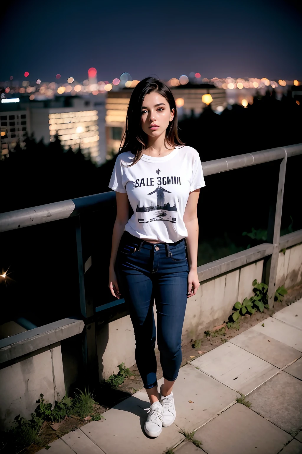1italain girl, realistic, dramatic, 1girl, 21 years old italian girl, night sky, midnight, dark place, dark forest, dark shadow, (dim light, :1.4), (rim lighting:1.1), (two tone lighting:1.1), urban landscape, cityscape, downtown, from above, reflections on wet pavement, dark alleys, smoky atmosphere, wearing white basic plain Teeshirt, full length tee-shirt, with tight full jeans, perfect thighs, heel's, beautiful girl, model shoot