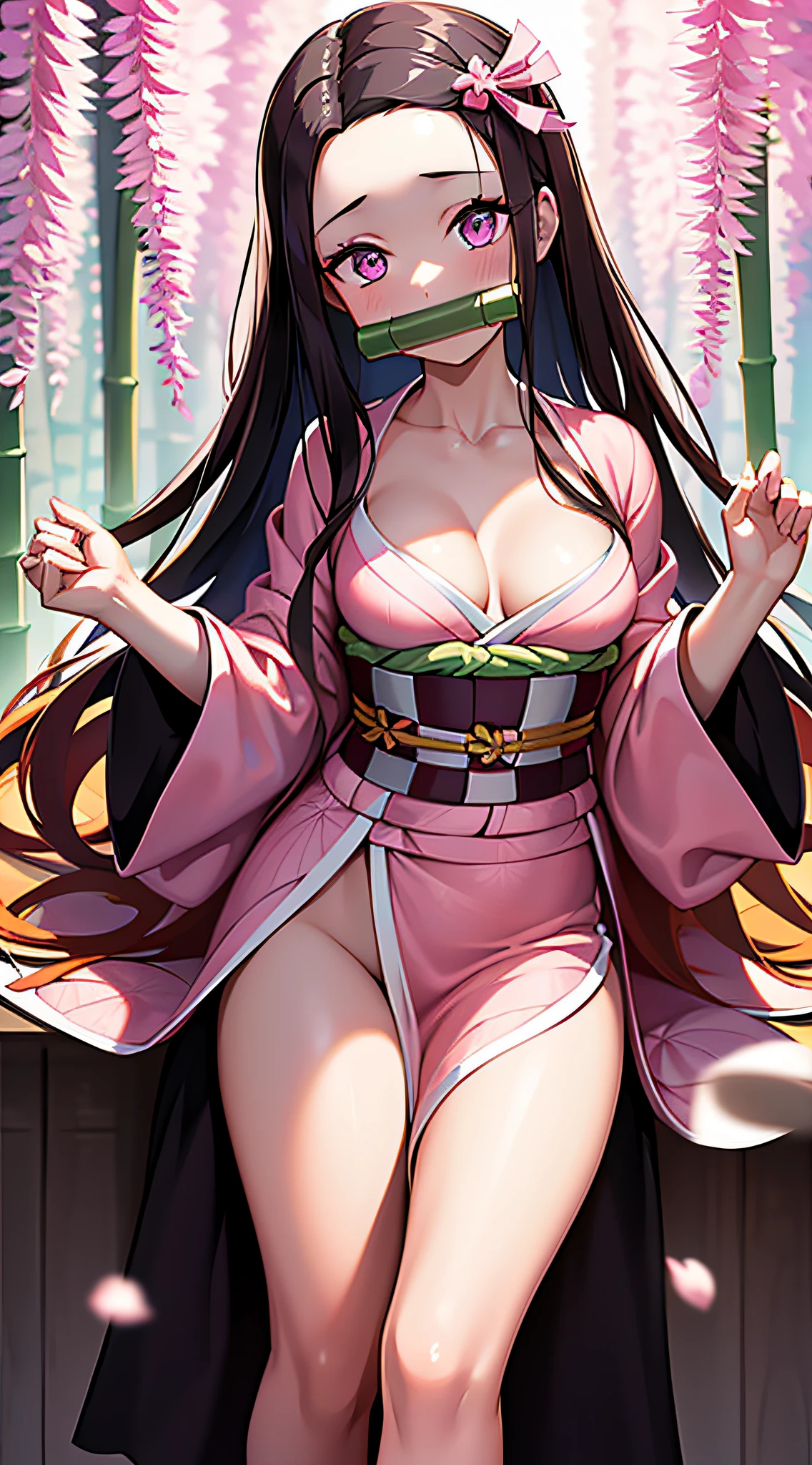 ​masterpiece, (Pink kimono), seductived faced, good lighting, decolletage, finely detail, ​masterpiece, radiant eyes, 1girl in, A dark-haired, gag, Bamboo, Bamboo, Nezuko Takedo, wisteria background, ​masterpiece, top-quality,, full body Esbian, Wide waist,A sexy、Detailed hands and fingers