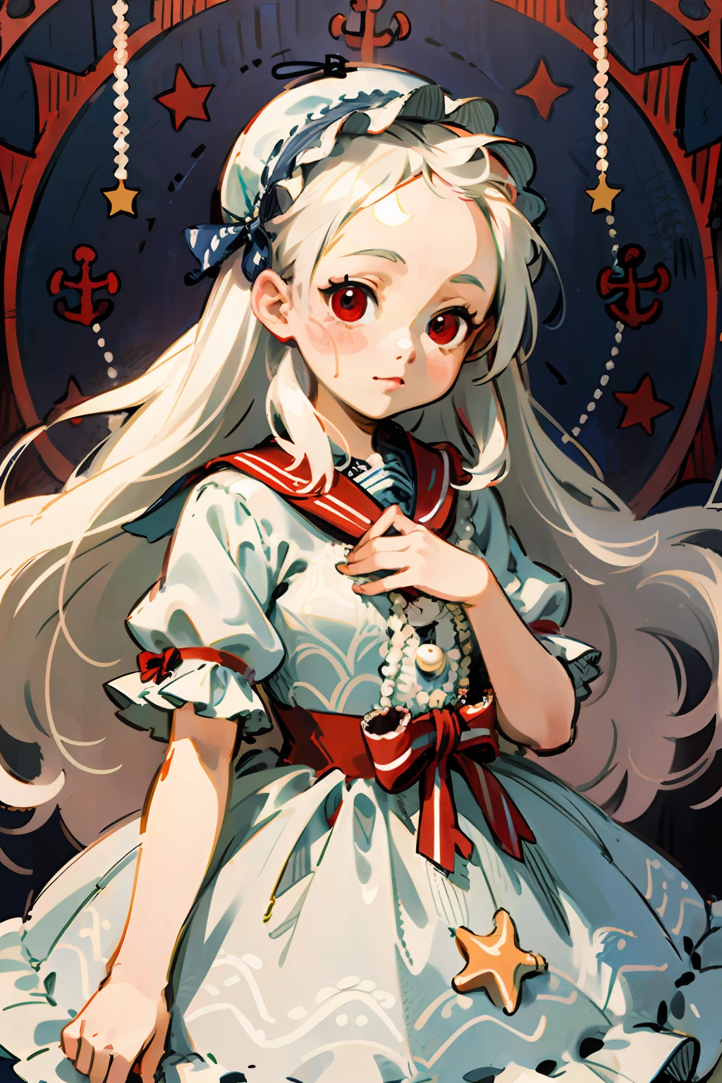 1girl, li, red eyes, white colored hair, forehead, (straight hair), Long hair, headband, pearls, whitedress, ((Lolita Dress)), ((Nautical pattern)), tapes, Bows, frilld, Starfish, shells, ((thick outlines)), ((white outlines)), (Sketch)