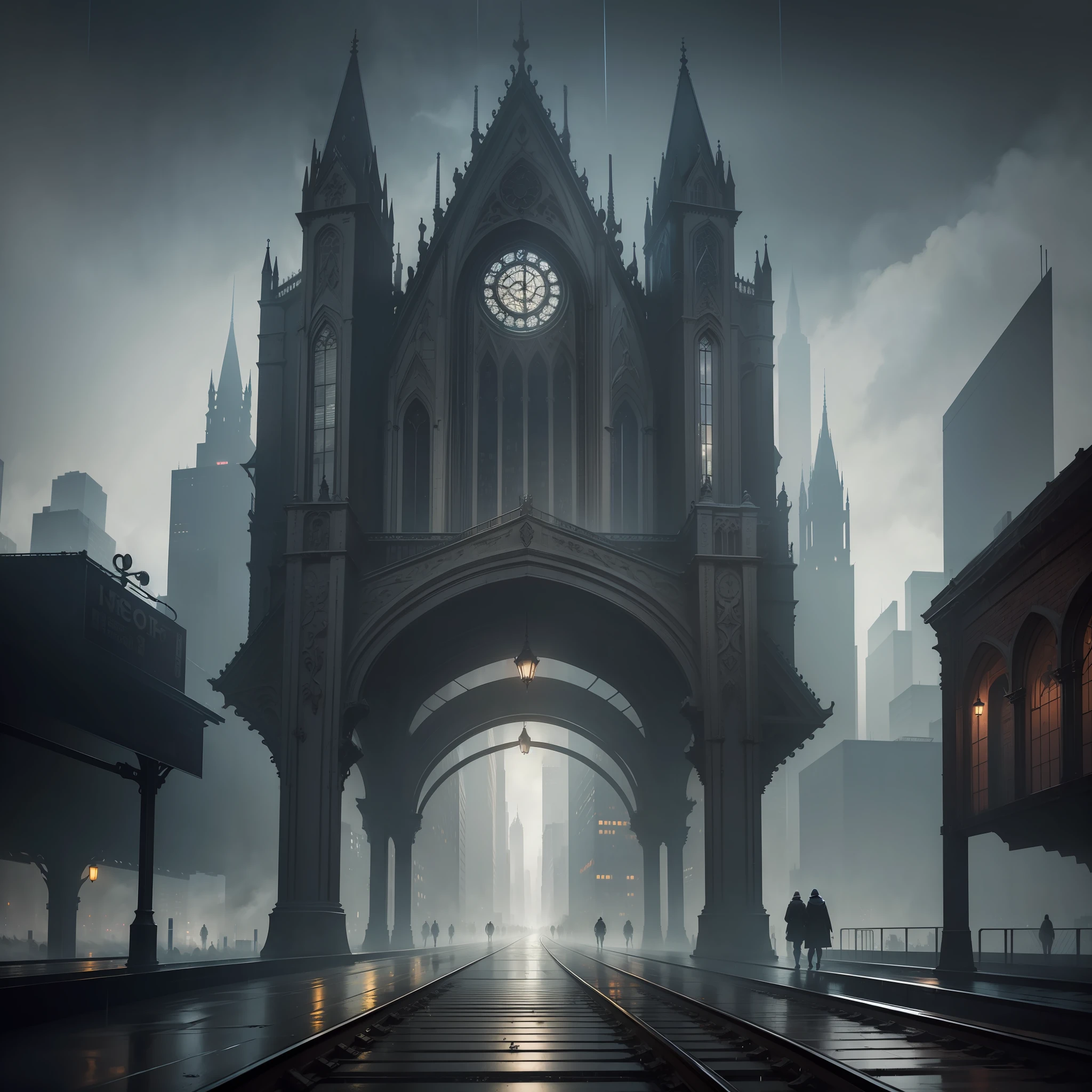 A gloomy, rainswept modern Neogothic city, elevated subway tracks, looming gothic skyscrapers, gotham city, night time, photorealistic, 4K