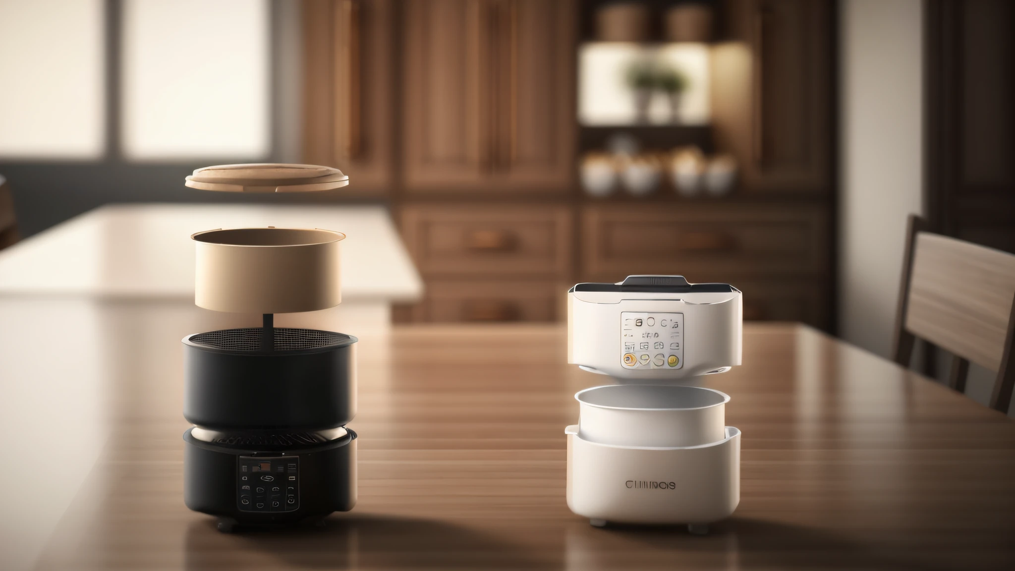 Air fryer placed on the table，Interior design of modern style, Realistic, Photorealistic, 8K, strong light on meeting table，Chiaroscuro, hyper HD, Best picture quality ,realisticlying，Foto realism，cupboard，Lens perspective blur，Bright lights，Realistic lighting