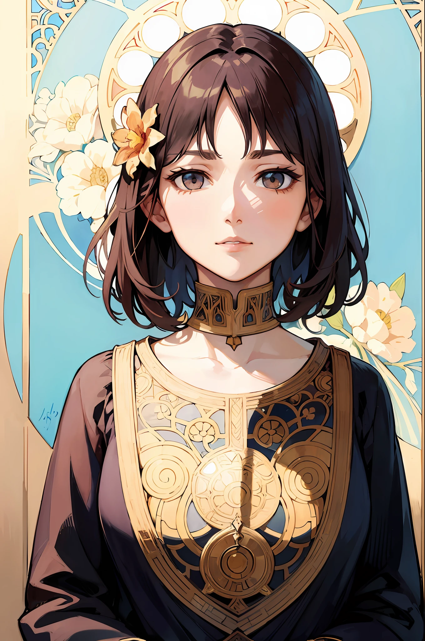 Portrait of a Turkish woman face、short-hair、Brown hair、Flower frame、Decorative panel、abstract art、By Alphonse Mucha (masterpiece、top-quality、hight resolution: 1.4)、detaileds、intricate-detail、4K、color splashes、line-drawing、Fibonacci、