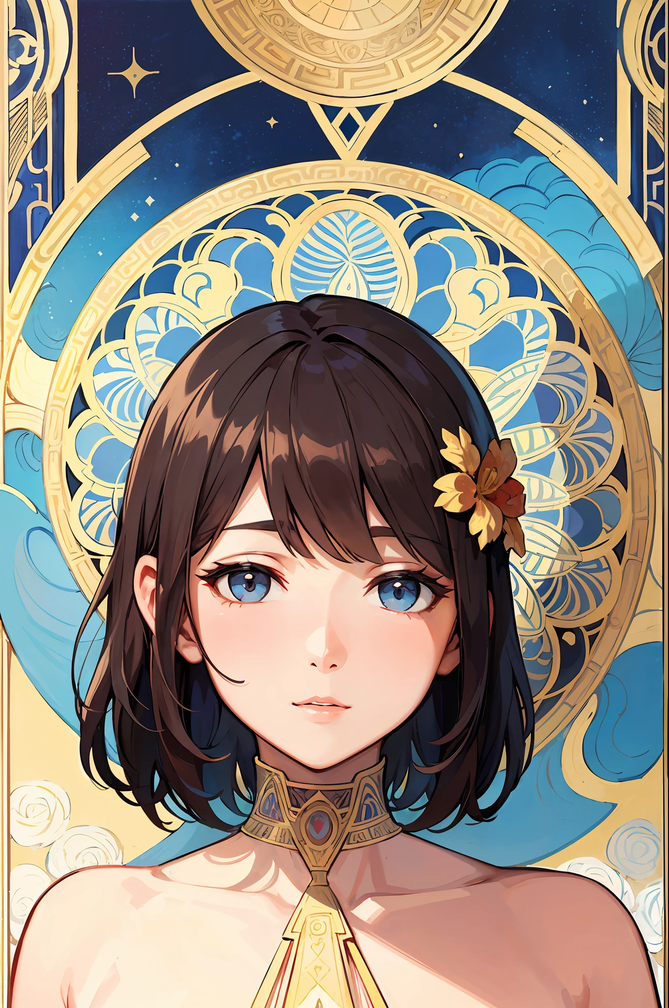 Portrait of a Turkish woman face、short-hair、Brown hair、Flower frame、Decorative panel、abstract art、By Alphonse Mucha (masterpiece、top-quality、hight resolution: 1.4)、detaileds、intricate-detail、4K、color splashes、line-drawing、Fibonacci、