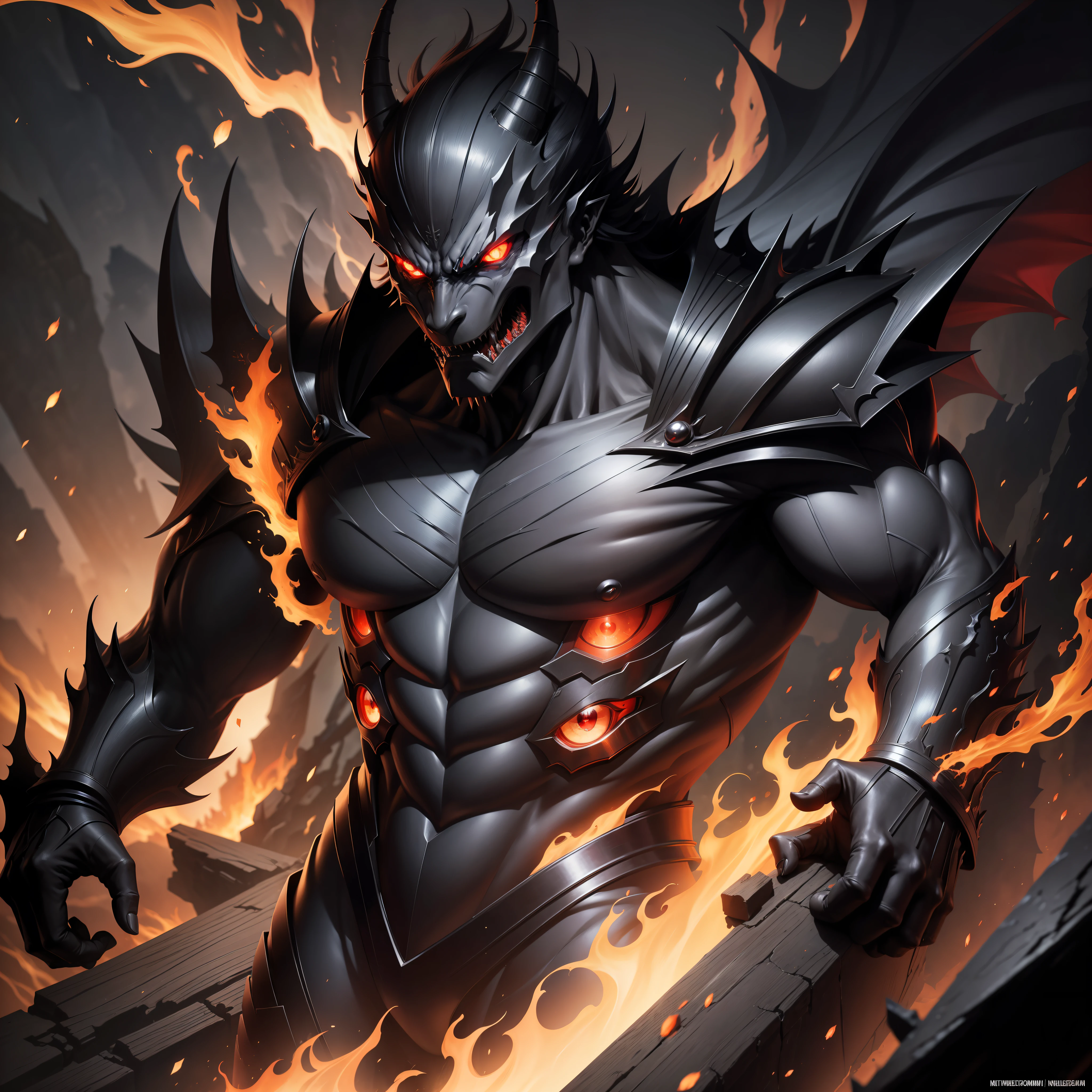 The best quality, masterpiece, high resolution. full-body scene of Garou demonization, One Punch Man manga, with red eyes, Dark Lord, with red glowing eyes, darksiders style, darksiders art style, black flame reflective armor, with brilliant red eyes, crazy guts, sharp red eyes, armor inspired by the demon dragon, Black Ancalagon. 8K high resolution.