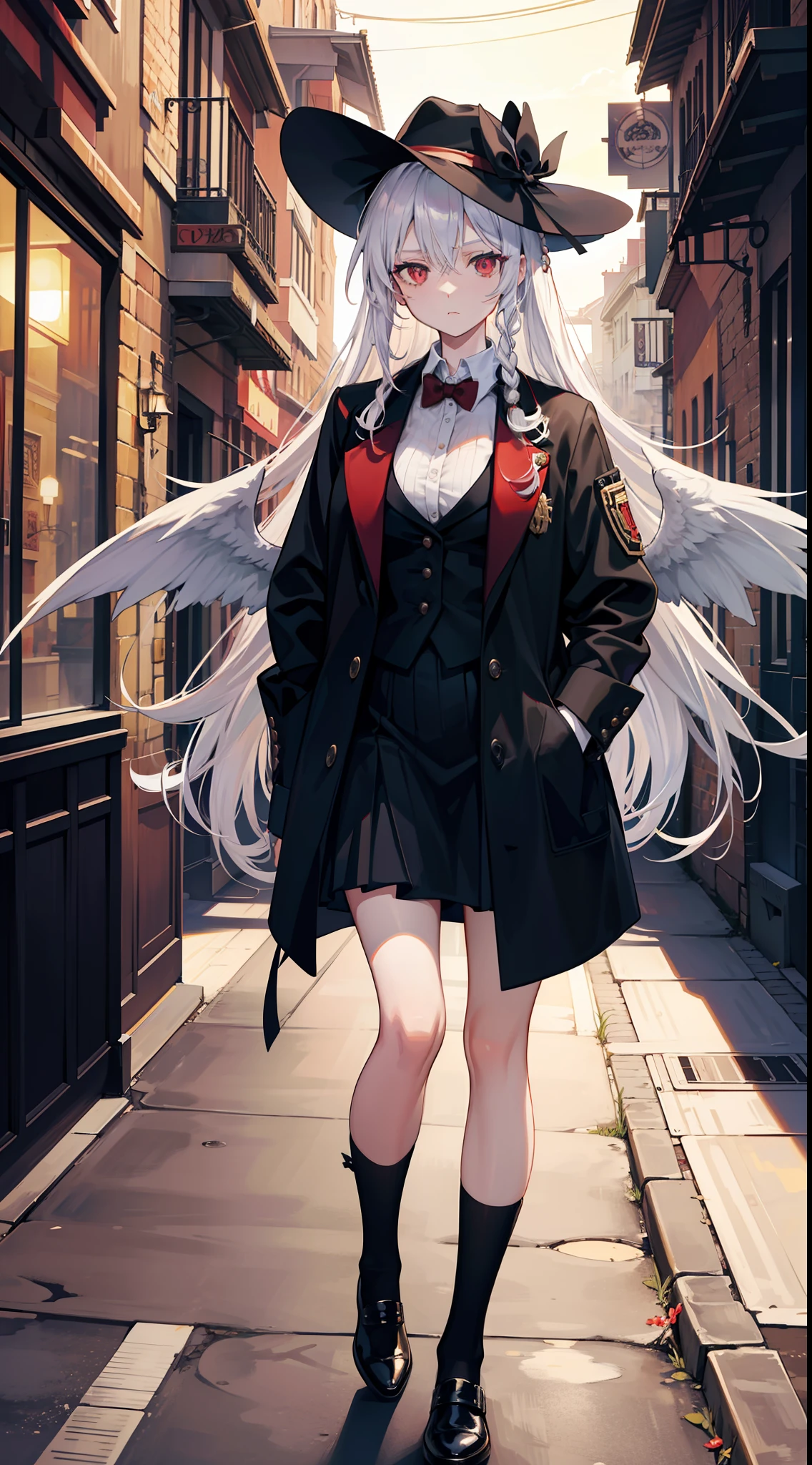 Anime,Anime,masterpiece, highlydetailed, dark,1girl,bishoujo,stare,red eyes,beautiful detailed eyes,long hair,white hair,silver_hair,hair wings,ahoge,Hair rings,braid, cold,mysterious atmosphere, in the streets, intense shadows, in the baroque architecture, at the castle, in a dimly lit bar, Italian mafia, sharp suits, fedora hats, classic cars, smoking cigars, secret meetings, hidden alleys, red wine, deep voices,