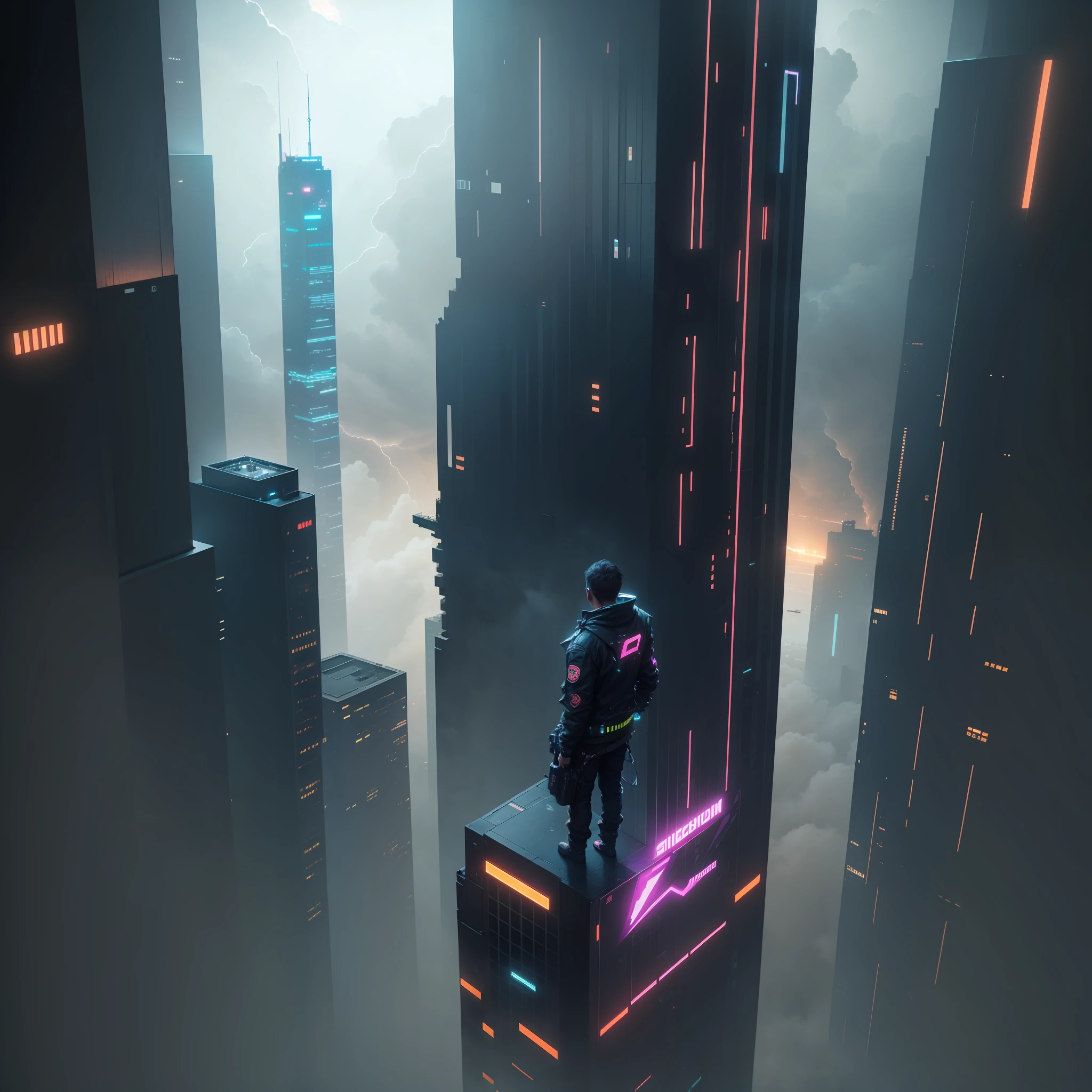 man standing on the edge of a skyscraper in a cyberpunk city, above the clouds, distant lights, dark stormy tornado in the distance, hyper realistic, 8K, high detail