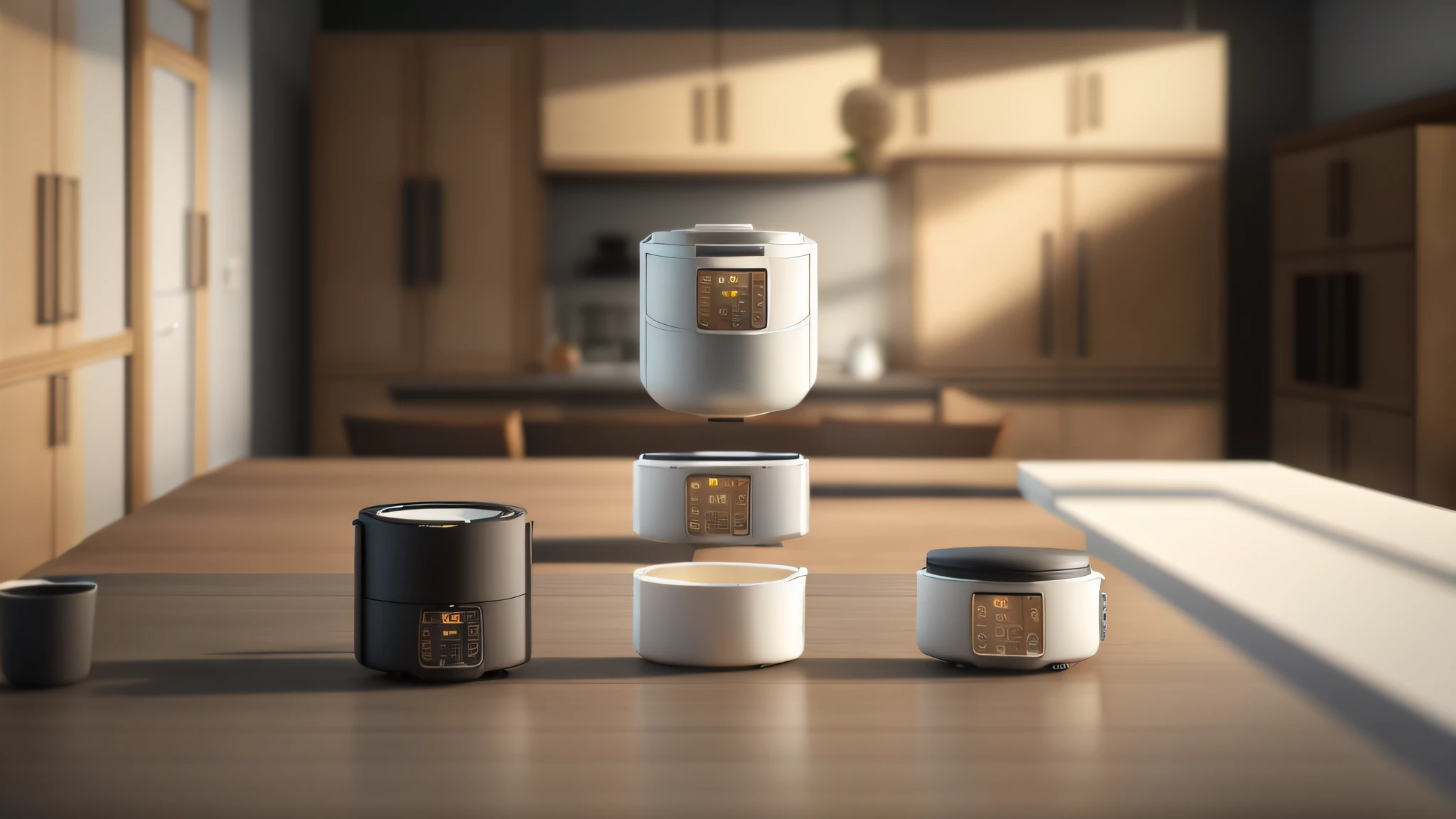 Air fryer placed on the table,Interior design of modern style, Realistic, Photorealistic, 8K, strong light on meeting table,Chiaroscuro, hyper HD, Best picture quality ,realisticlying,Foto realism,cupboard,Lens perspective blur,Bright lights,Realistic lighting