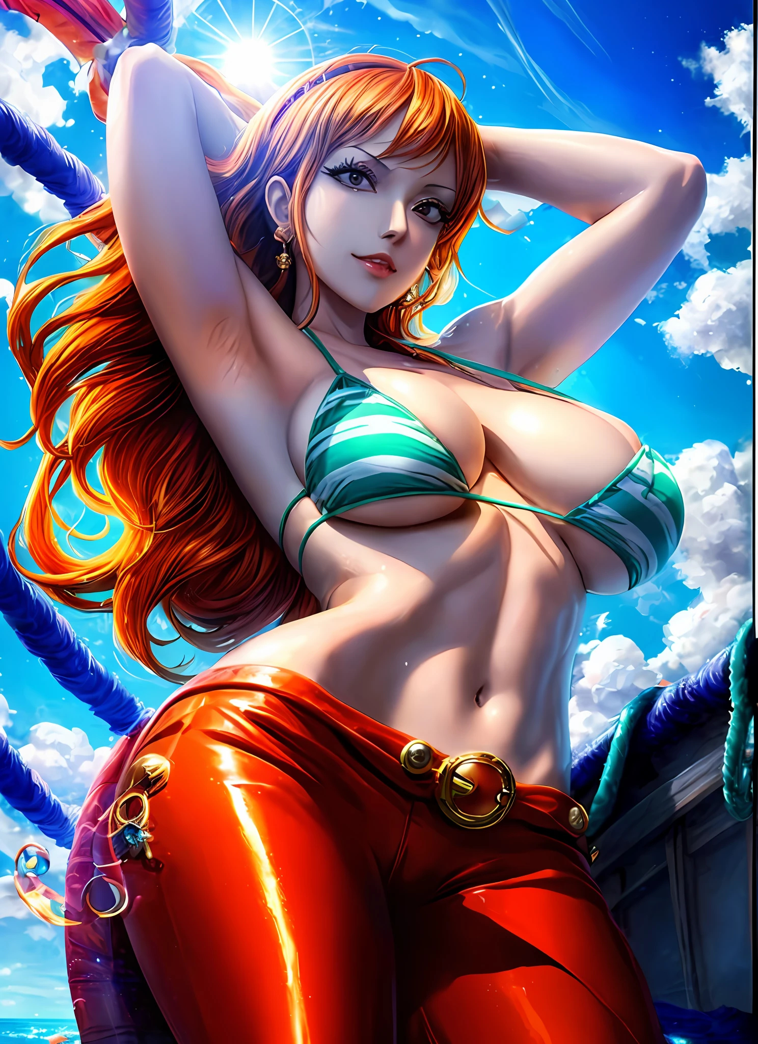 a close up of a woman in a bikini on a boat, nami from one piece, beautiful portrait of nami, nami one piece, nami, deviantart artstation cgscosiety, extremely detailed artgerm, detailed digital anime art, cutesexyrobutts, by Kentaro Miura, fanart best artstation, seductive anime girl,