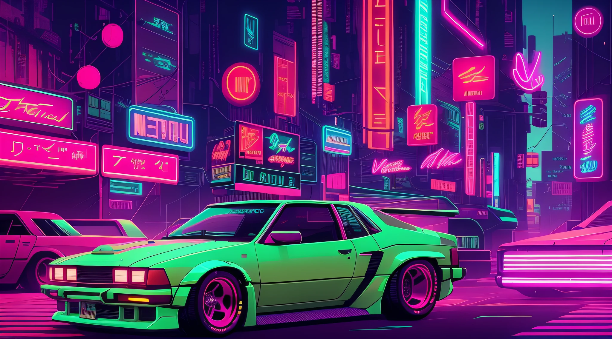 cena da rua da cidade de neon com um carro verde e placas de neon, art deco outrun anime aesthestic, masterpiece epic retrowave art, Epic retrowave art, Retrowave Epic Art, neon cyberpunk, arte retrowave, retro cyberpunk, estilo de arte cyberpunk, neon cyberpunk, neon cyberpunk cores vibrantes, vibe cyberpunk, brilho cyberpunk brilhante, [ 4K estilo de arte synthwave ]!!