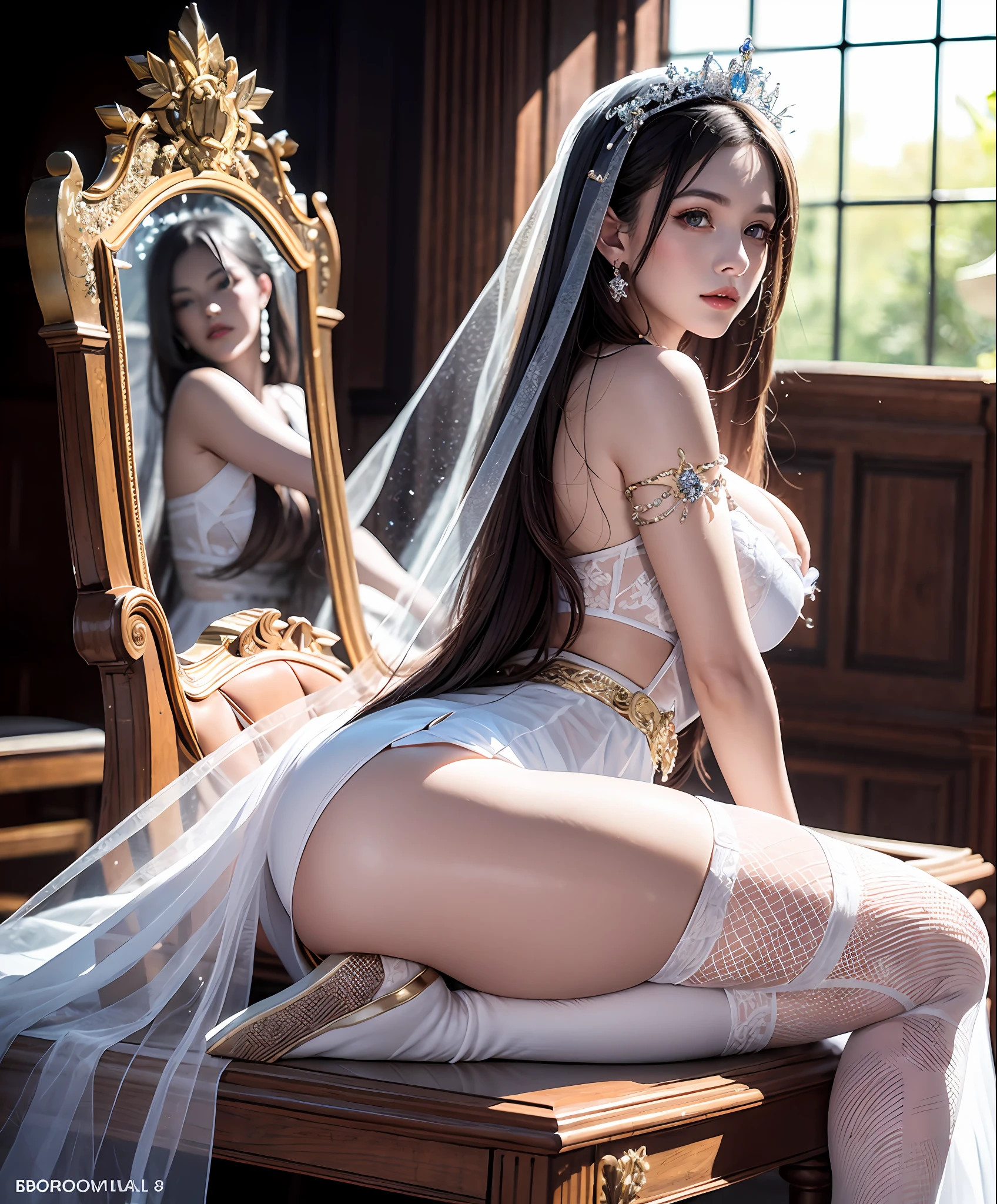 Arapefi, Blue princess wedding dress, sitting on an royal throne,In the palace, wearing high heels,Watching from behind,both hands on hip,next to a big window, Close up from behind, next to a window, sitting in a castle, Sense of transparency,(oversized boobs,1.5),Expose cleavage,Turn around and look at the camera,tmasterpiece,Flawless,Sense of transparency,Empty inspiration,More details and decoration,(Expose the whole body,1.8),Exposing thighs,,long leges,8K,(Wear decorations such as rings,1.9),White-colored skin,Ornate ornament,Waist stockings,one-girl,(Extremely colorful, Best quality, high detal, Masterpiece, Cinematic lighting, 4K, Chiaroscuro)