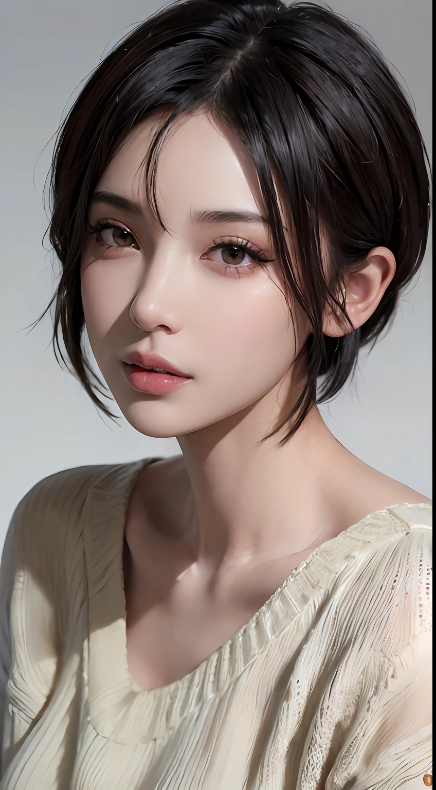 (masterpiece:1.3), (8k, photorealistic, RAW photo, best quality: 1.4), (1girl), beautiful face, (realistic face), (black hair, short hair:1.3), beautiful hairstyle, realistic eyes, beautiful detailed eyes, (realistic skin), beautiful skin, (sweater), absurdres, attractive, ultra high res, ultra realistic, highly detailed, golden ratio