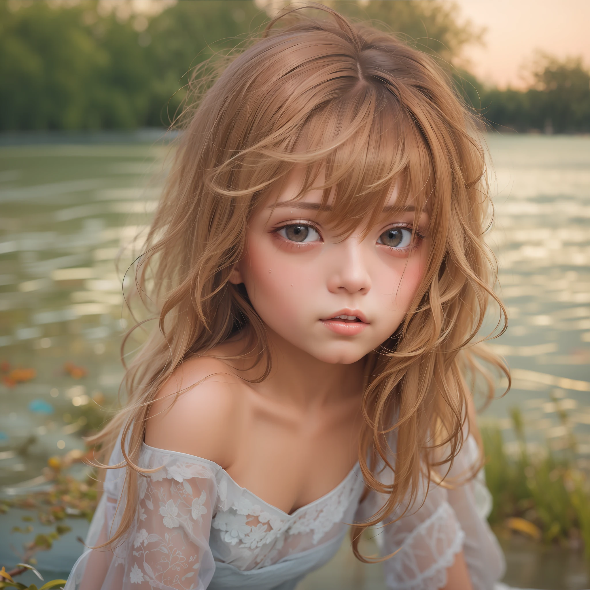very cute female child,8 yo,Wet and see-through camisole,Playing by the river,Barefoot,Sweat, Summer,day,flat chest,BREAK masterpiece, Best Quality,Ultra-detailed,Wind,