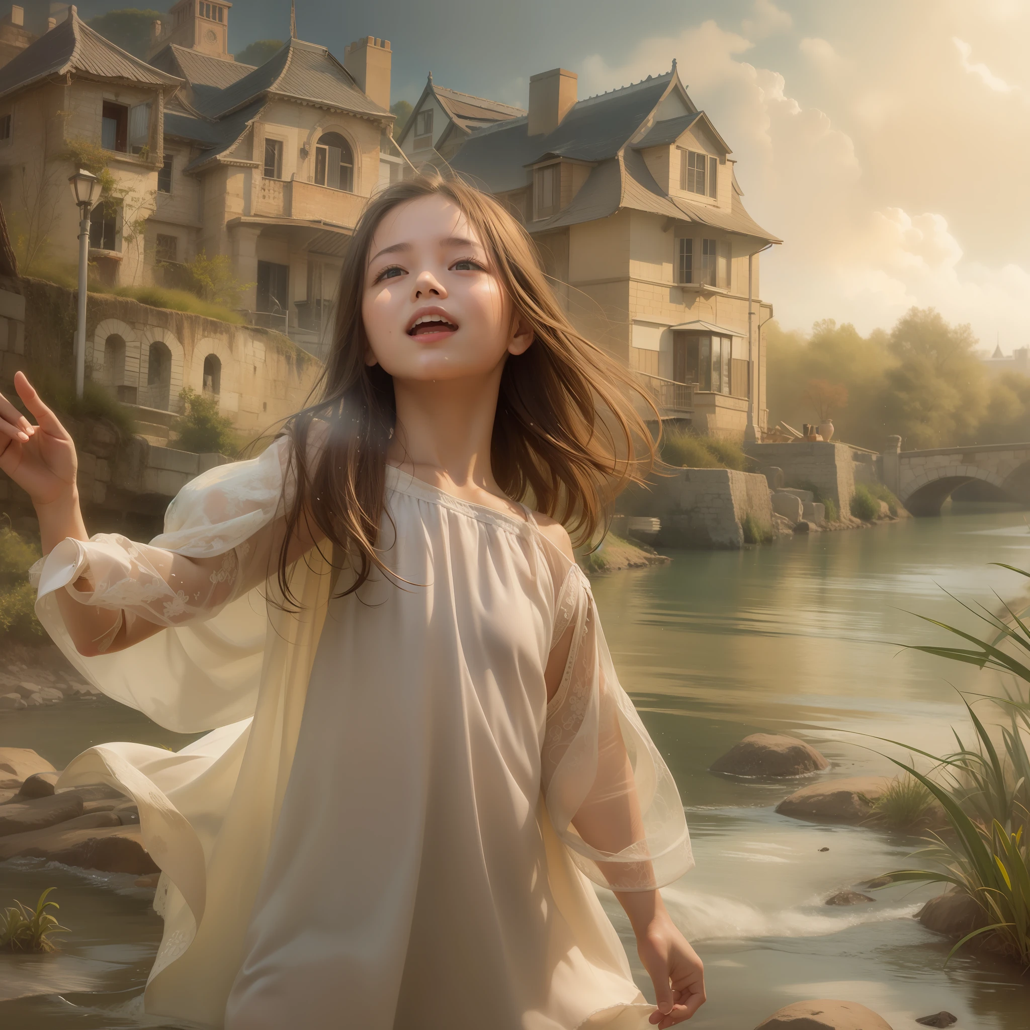 very cute female child,8 yo,Wet and see-through camisole,Playing by the river,Barefoot,Sweat, Summer,day,flat chest,BREAK masterpiece, Best Quality,Ultra-detailed,Wind,