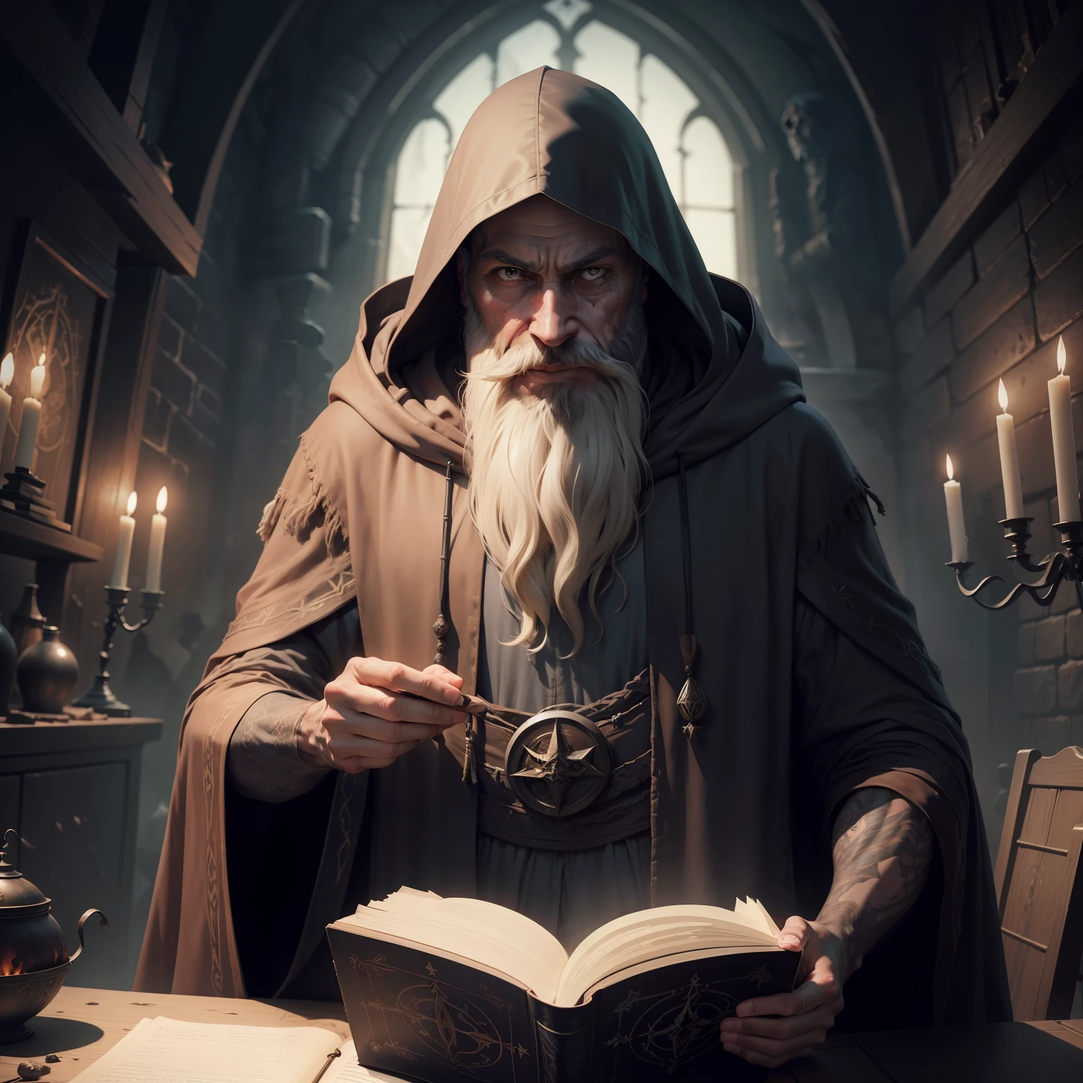 realistic and detailed image of a mysterious man, 45 years old, long beard on his face, thin, dressed in a rustic robe with a hood on his head, holding an unholy grimoire, in a dark and diabolical room with arcane symbols painted on the walls
