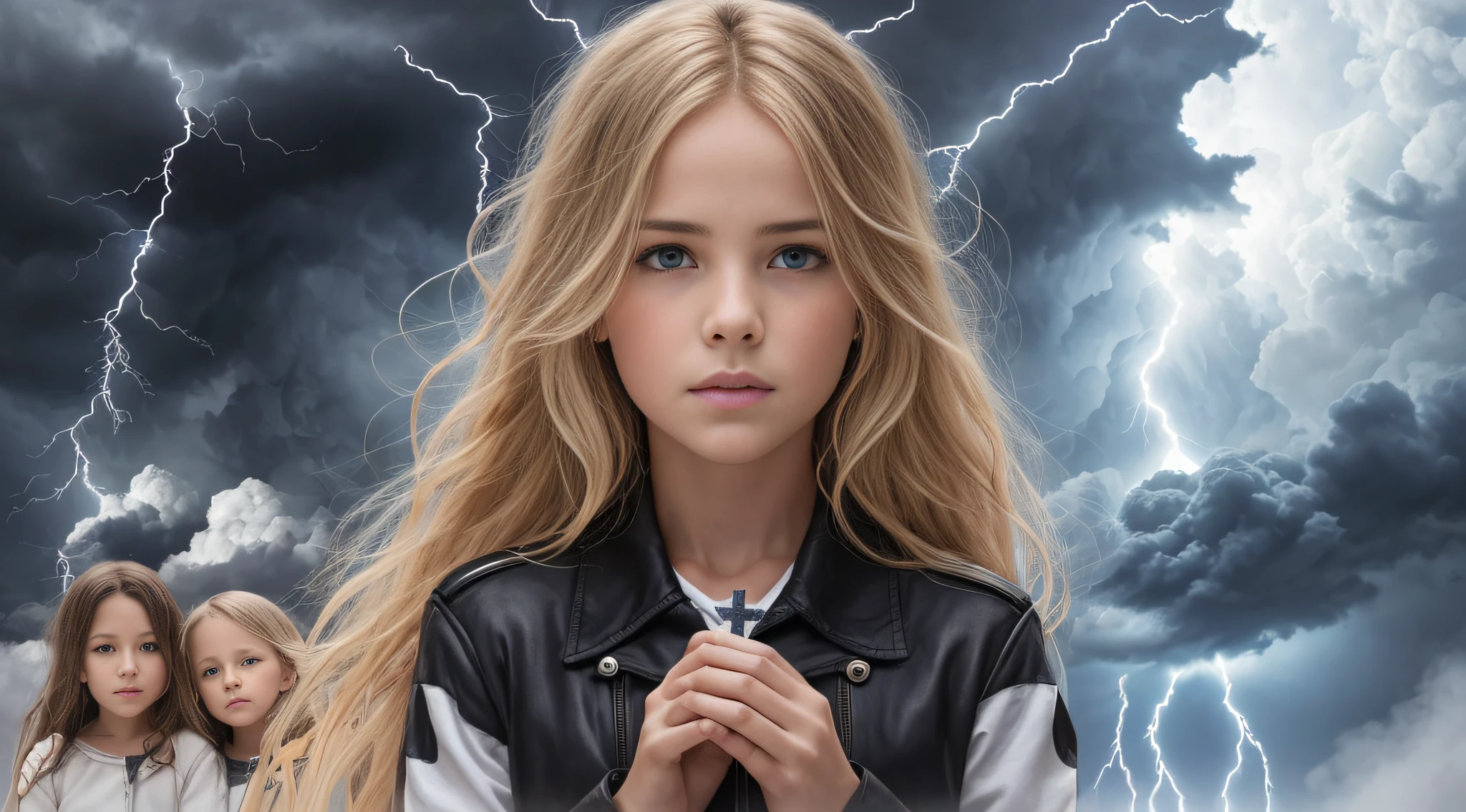 Um meio corpo, Portrait of 3 girls German long blonde hair of 12 yearsas couro vermelhas, holding in his hands a cross, Image of a large cloud of black smoke and lightning, magic storm and thunder clouds, Dark clouds and lightning, stormy sky with thunders, dark storms with lightning, thunderstorm in the sky, tempestade assustadora, fundo da tempestade, lightning clouds, nuvens tempestuosas escuras, tempestade, Tempo tempestuoso com raios, fundo da tempestade, trovoada ao fundo, fundo da tempestade de raios, Trovoadas