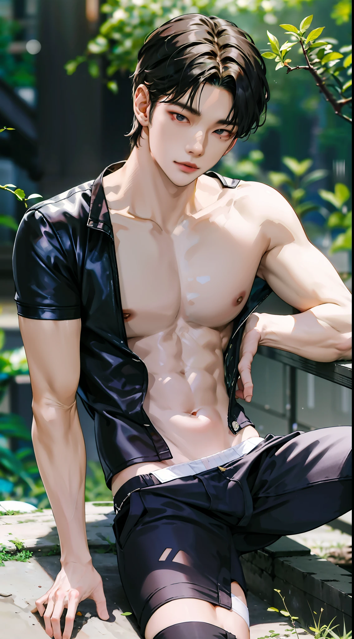 One korean man, slim body , pale asian skin, good eyes, detailed body, detailed face, Wearing underwear Not pants , outside with good lighting, sit and sexy pose, good Expression , sexy but cute, no weird pose, no beard, No clothes only wearing underwear, handsome face like kpop idol, Topless, zoom face