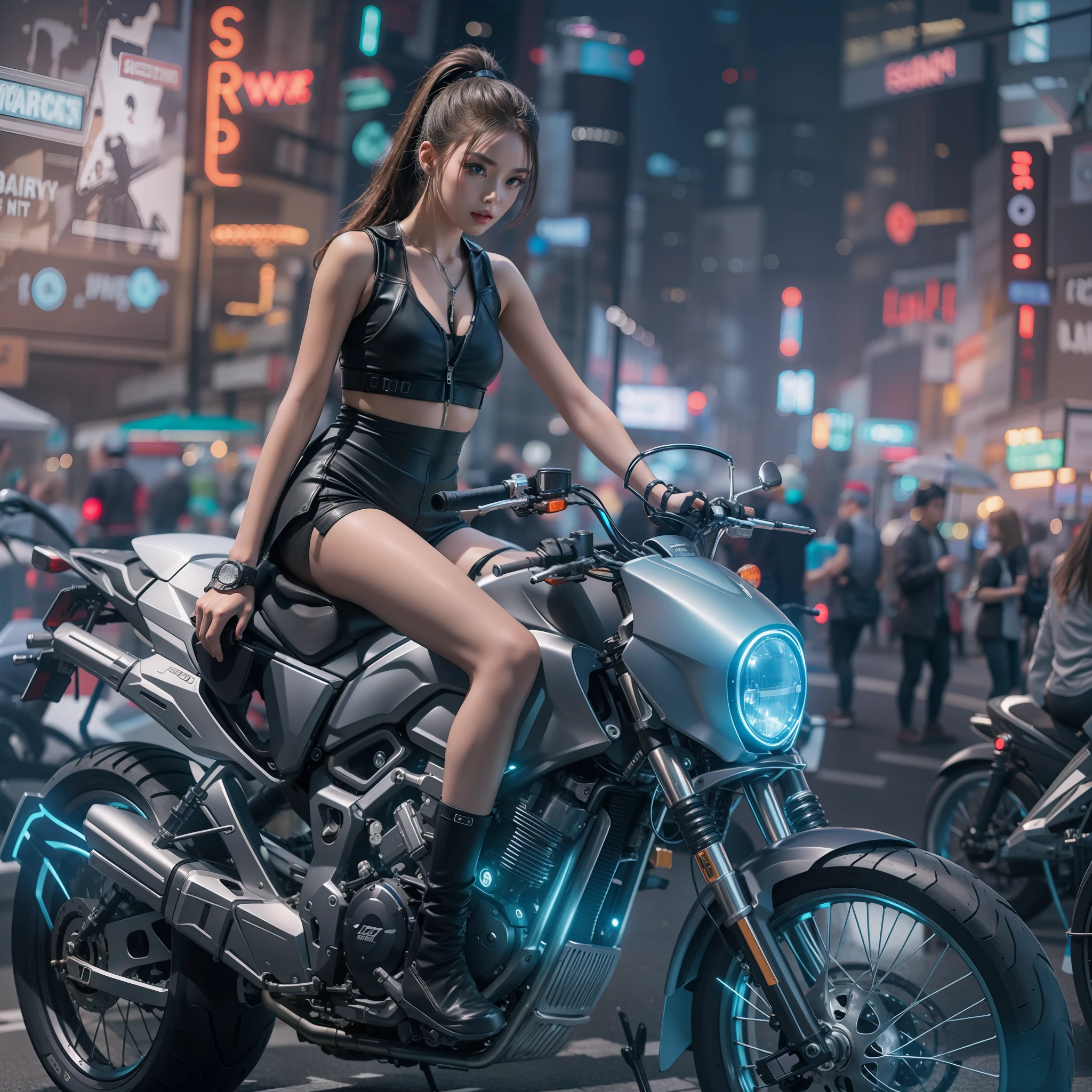 cyberpunked,Cyber City,Hi-Tech,High-tech townscape,Bikes of the near future,Girl on a motorcycle,poneyTail