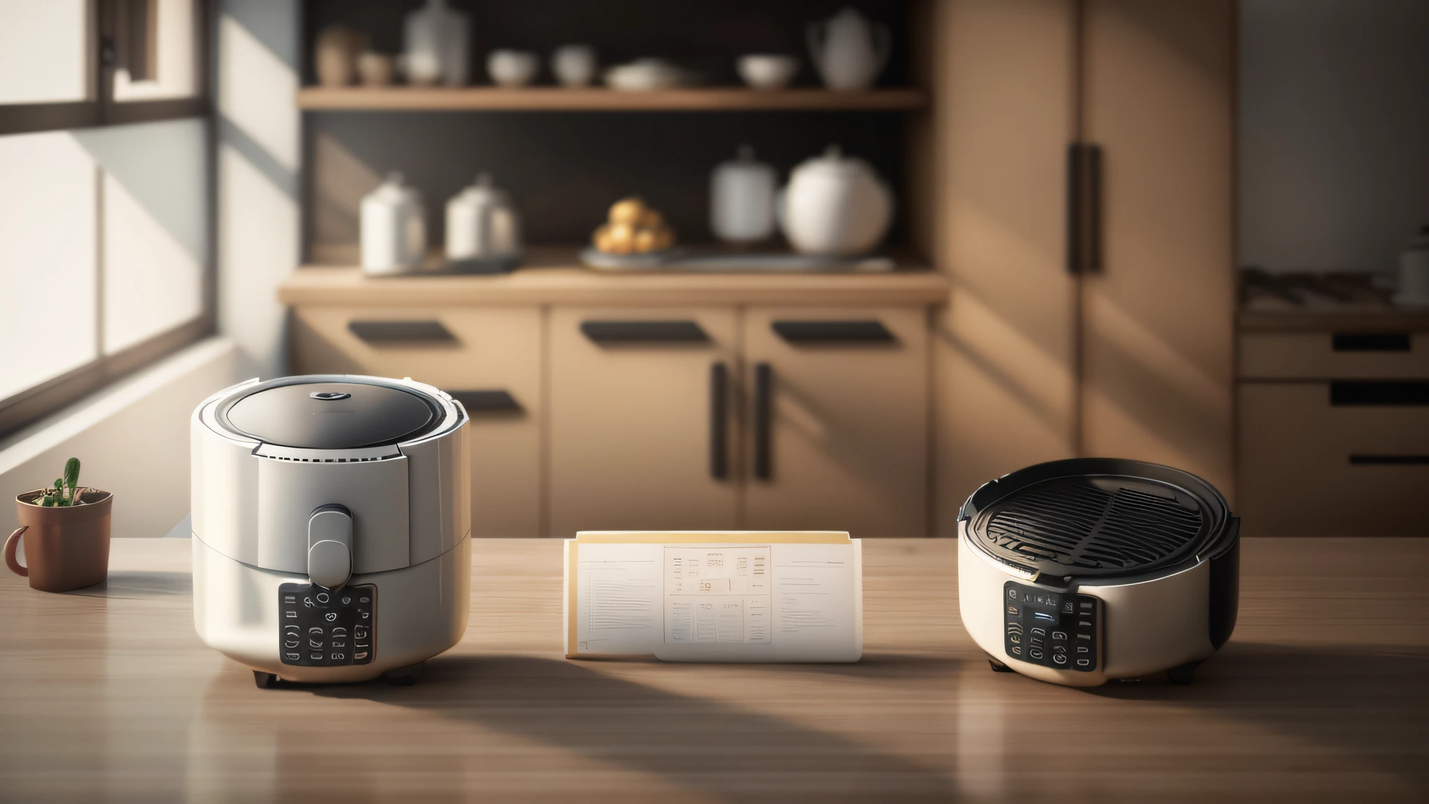 Air fryer placed on the table,Interior design of modern style, Realistic, Photorealistic, 8K, strong light on meeting table,Chiaroscuro, hyper HD, Best picture quality ,realisticlying,Foto realism,cupboard,Lens perspective blur,Bright lights,Realistic lighting