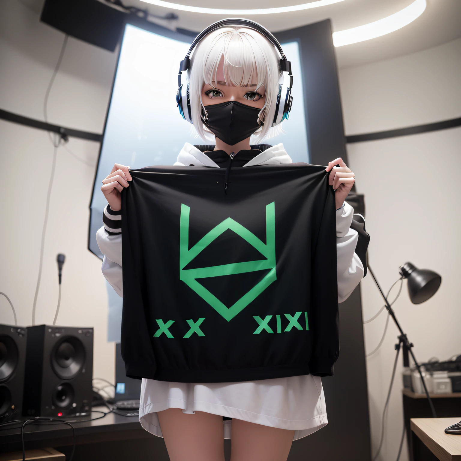 short detailed hair,White-haired girl,Wear a black sweatshirt and super shorts,The words "xuAlex5" are written on the clothes,with headphones on,Wearing white silk,Wear a mask,In the recording studio,There is a guitar next to it