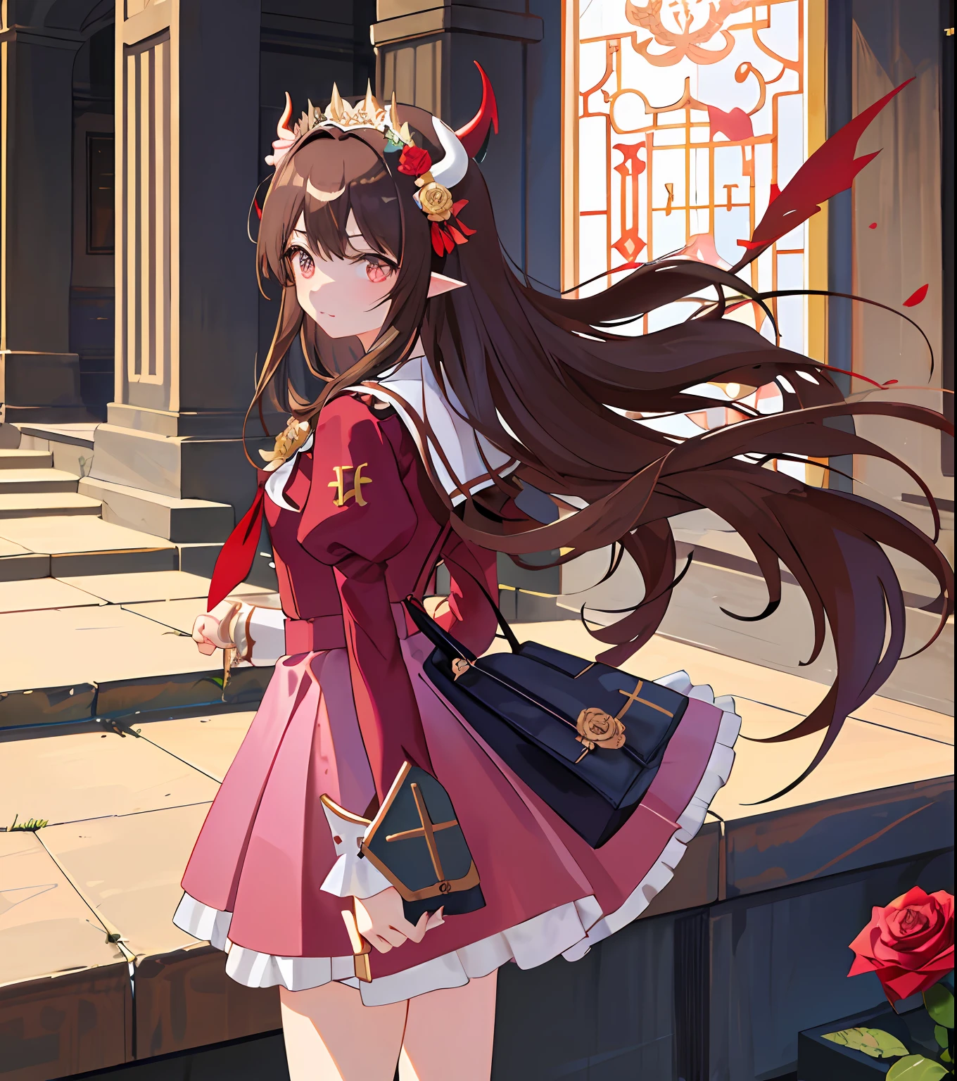 Masterpiece quality,The best quality assurance。A brown hair、Cute girl with golden eyes。Tsundere,Wear a short skirt,Exudes magic,With a rose headdress,pinkdress,Long hair flutters in the wind,Naughty,adolable,devil horns,In the daytime,divino,white church,Holy Church