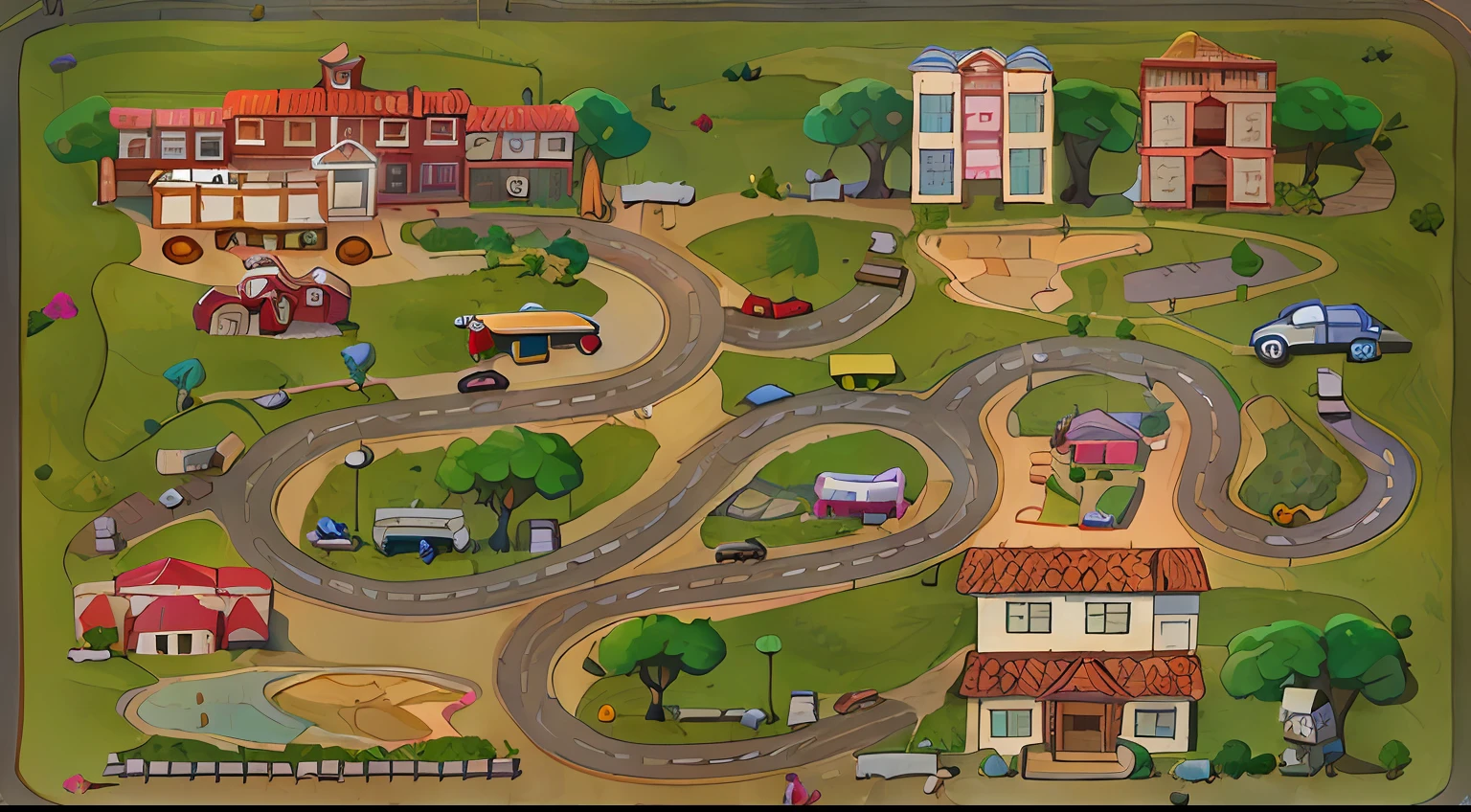 a cartoon illustration of a road map with cars and houses, Casas e estradas, cena da cidade do campo, mapa do jogo, mapa da cidade, labirinto de ruas, Fundo da cidade, fundo do parque, Fundo do City Street View, Fundo do jogo 3d, tabuleiro de jogo, Game Illustration,  pequena cidade ao redor, um parque, Fundo do centro da cidade, Themed neighborhood, Houses and buildings, realista, 8k, bela arte de jogo, ray tracing