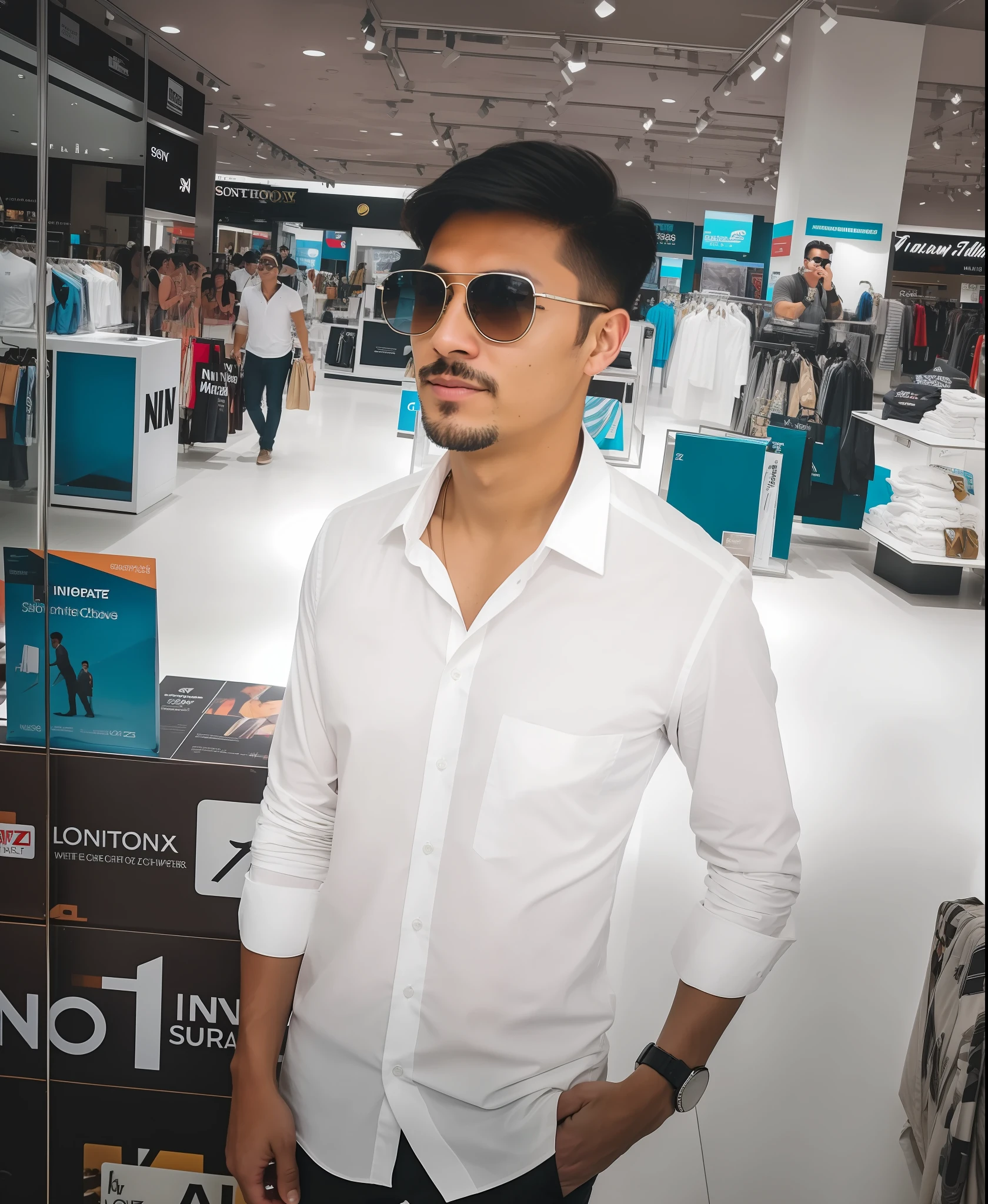 there is a man standing in a store with a white shirt and sunglasses, shot on nikon z9, in a mall, appearing in a shopping mall, taken with sony alpha 9, shot on canon eos r5, handsome man, shot on canon eos r 5, with sunglass, with accurate face, candid picture, at a mall, shot with sony alpha 1 camera