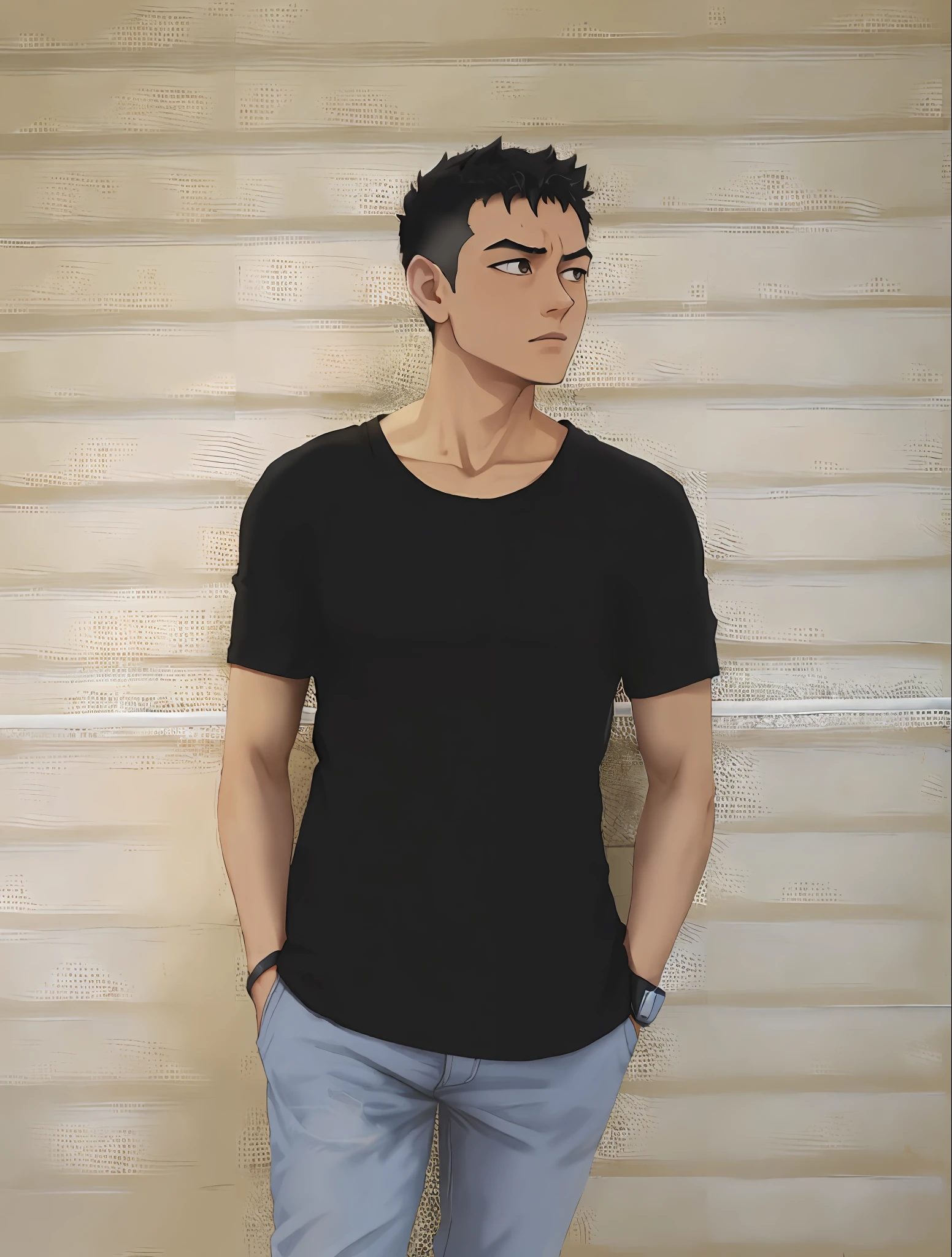 arafed man in black shirt and jeans standing in front of a wall, wearing black tshirt, he is wearing a black t-shirt, wearing a black tshirt, wearing a black t-shirt, wearing a black shirt, black t shirt, black t-shirt, black t - shirt, xintong chen, david luong, handsome chad chin, anime styel, jujutsu kaisen styel