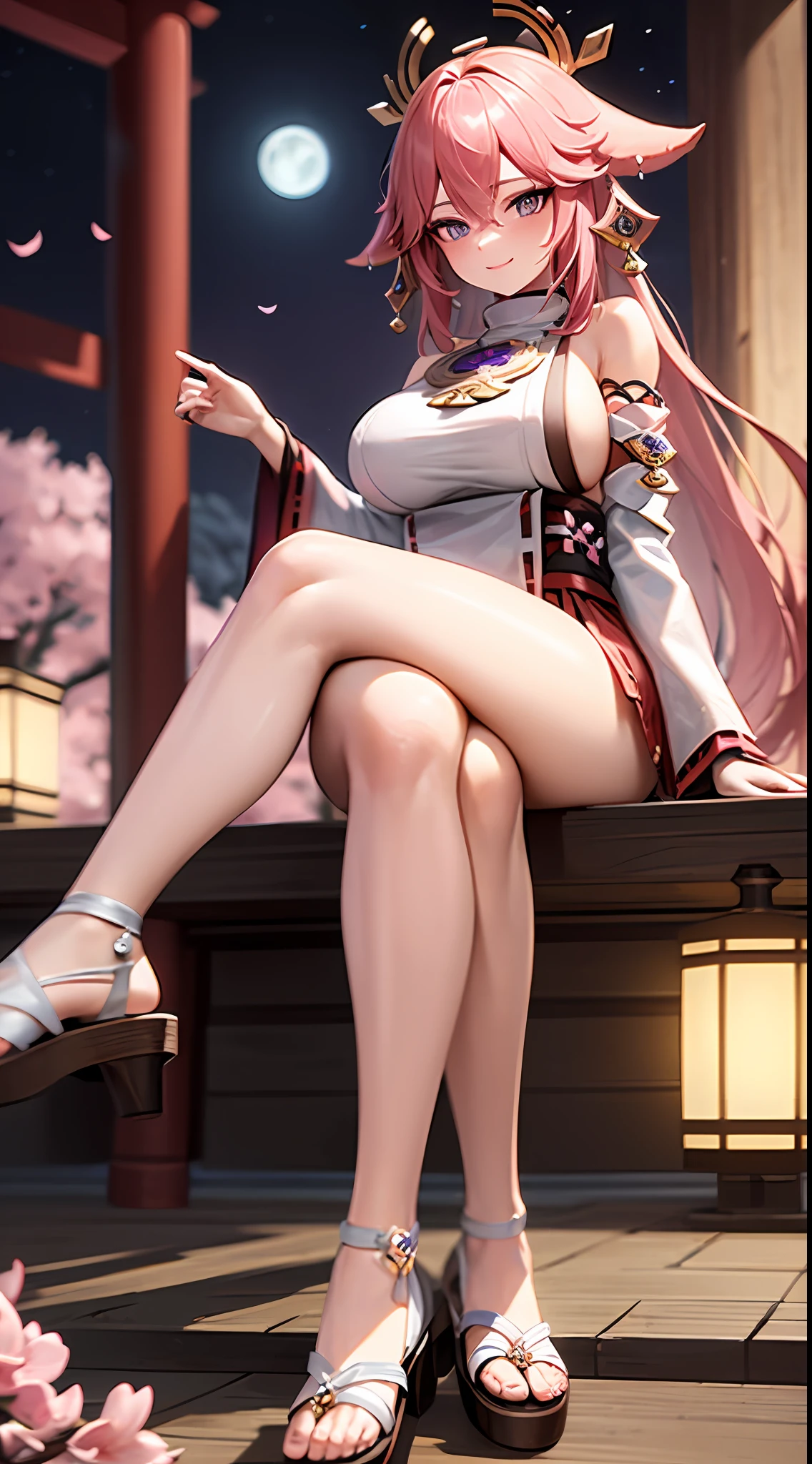 masterpiece, best quality,yae miko, breasts, pink hair, detached sleeves, long hair, multiple girls, legs, sitting, purple eyes, large breasts, jewelry, crossed legs, sideboob, looking at viewer, japanese clothes, cherry blossoms, animal ears, earrings, petals, anklet, thighs, fox ears, bangs, stairs, wide sleeves, hair ornament, bare shoulders, lantern, hair between eyes,  bare legs, sandals, smile, torii, night, 1boy, outdoors, very long hair