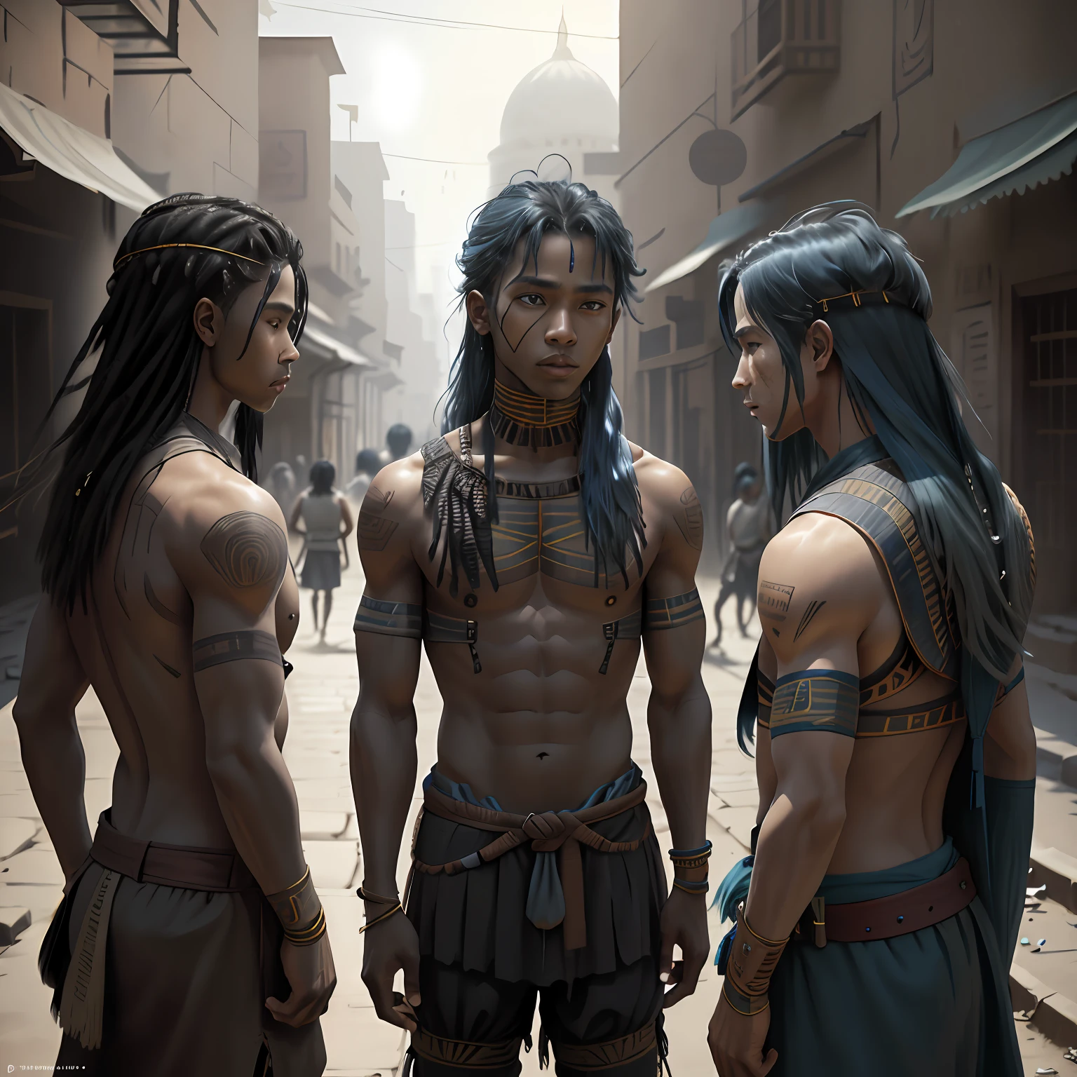 A group of 3 friends of 13 and 14 are formed in position of defense in the years war, They are talking about how to defend themselves from the enemy army when they invade the city 14 years of blue hair, The boy with straight hair with his back uncovered and his chest bare but dressed in typical clothes of ancient Egypt with dark skin walking lost through the different streets of a city is noon. doferentes angulos mira la ciudad desde lo slto de una colina.