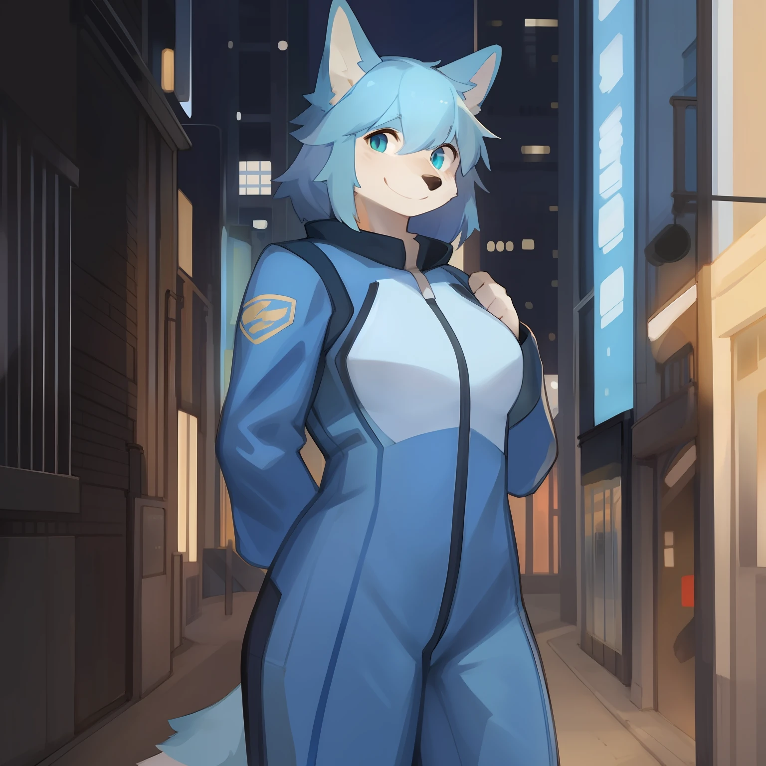 Solo, female, hair, blue military spacesuit, posing for a photo in a city, canine, smiling, by bebebebebe