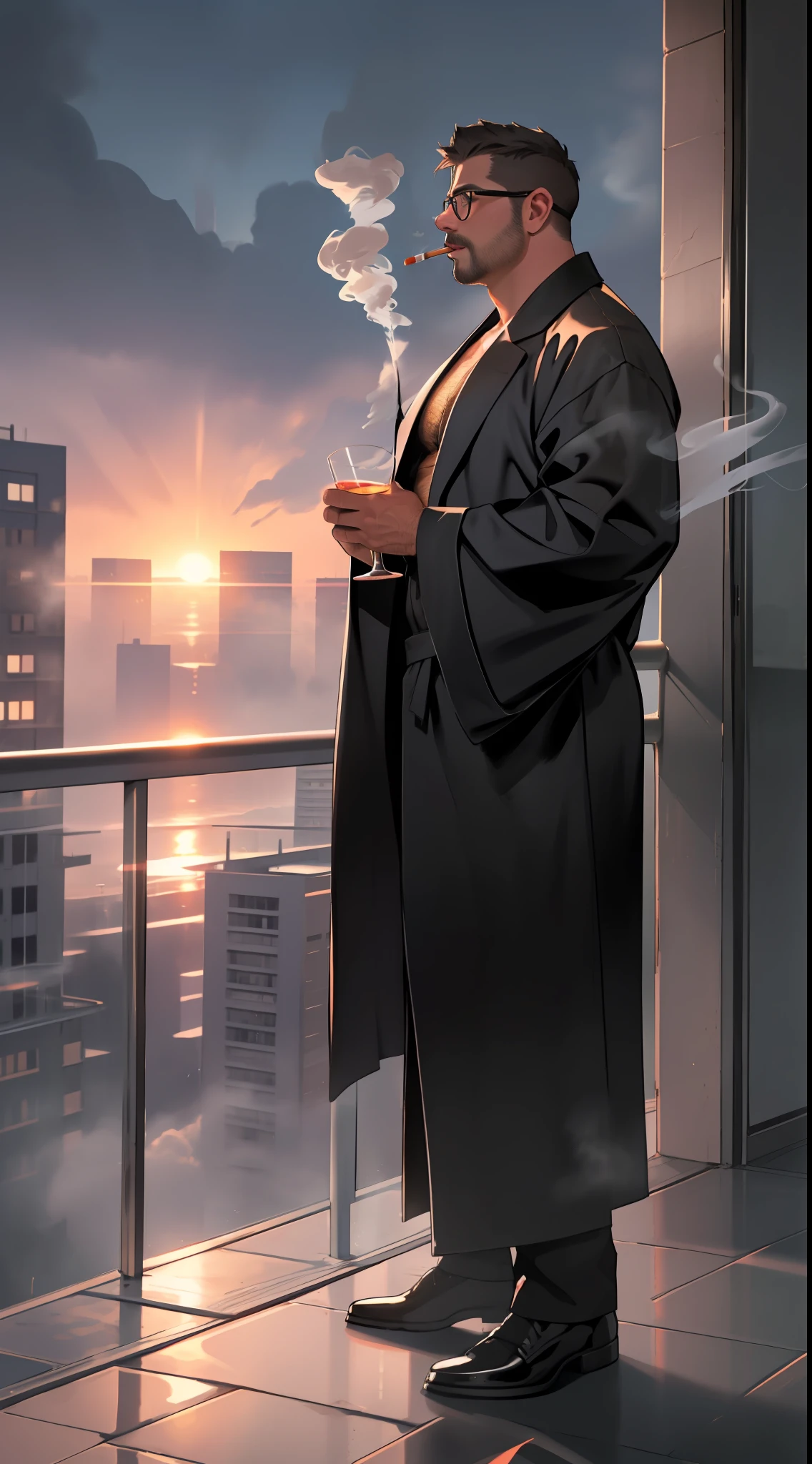 masterpiece, best quality, highres, upper body shot, ((wide angle)) male focus, solo focus, middle-aged man, beefy, burly, hairy, manly, really tall, wearing a big smooth silk black robe, open chest, wearing glasses, standing on a high rise balcony, cigarette in mouth, holding a vodka glass with clear water in it , smoking, lots of smoke, looking into the distance, looking up to the sky, (sunrise), early morning, foggy morning day, incredible composition, HDR, volumetric lighting,