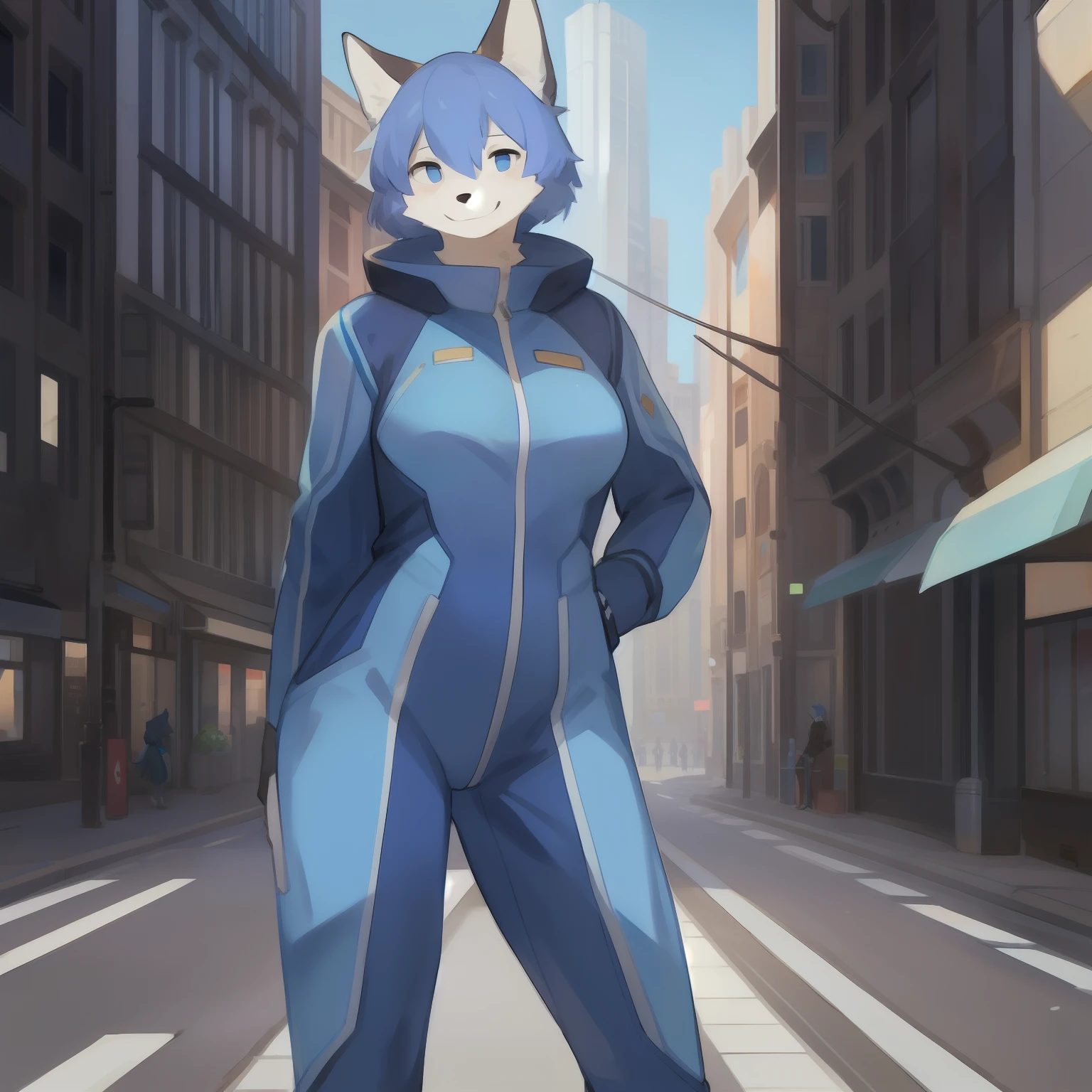 Solo, female, hair, blue military spacesuit, posing for a photo in a city, canine, smiling, by bebebebebe