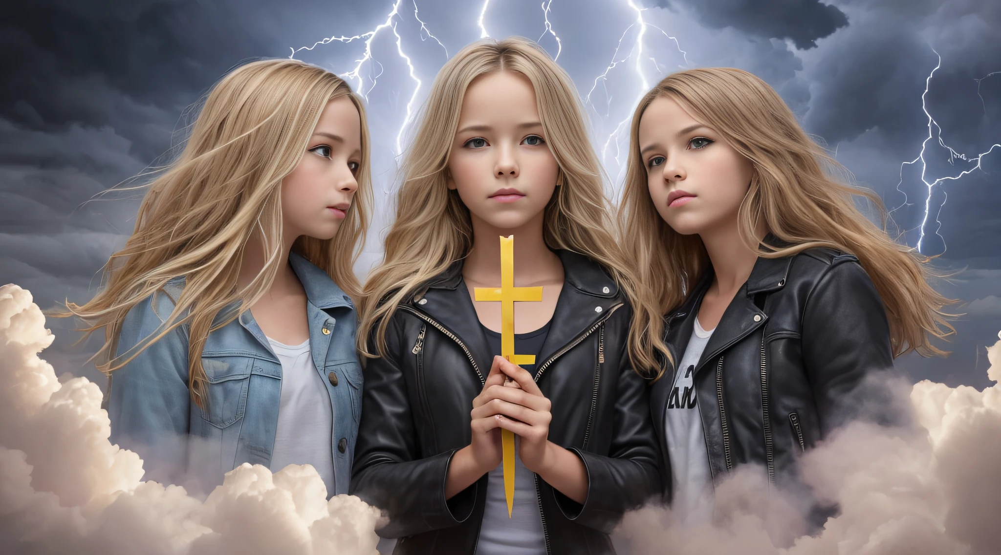 Um meio corpo, Portrait of 3 girls German children long blonde hair of 12 years, jaquetas couro vermelhas, holding in his hands a cross, Image of a large cloud of black smoke and lightning, magic storm and thunder clouds, Dark clouds and lightning, stormy sky with thunders, dark storms with lightning, thunderstorm in the sky, tempestade assustadora, fundo da tempestade, lightning clouds, nuvens tempestuosas escuras, tempestade, Tempo tempestuoso com raios, fundo da tempestade, trovoada ao fundo, fundo da tempestade de raios, Trovoadas