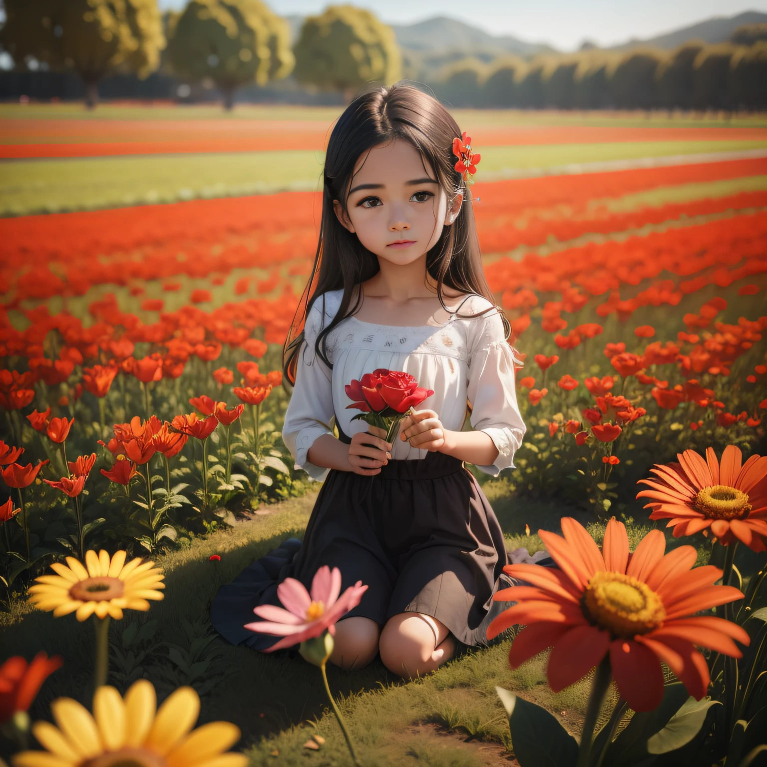 Campo de flores, a single red flower in the middle of the field of colorful flowers,menino triste e a menina alegre