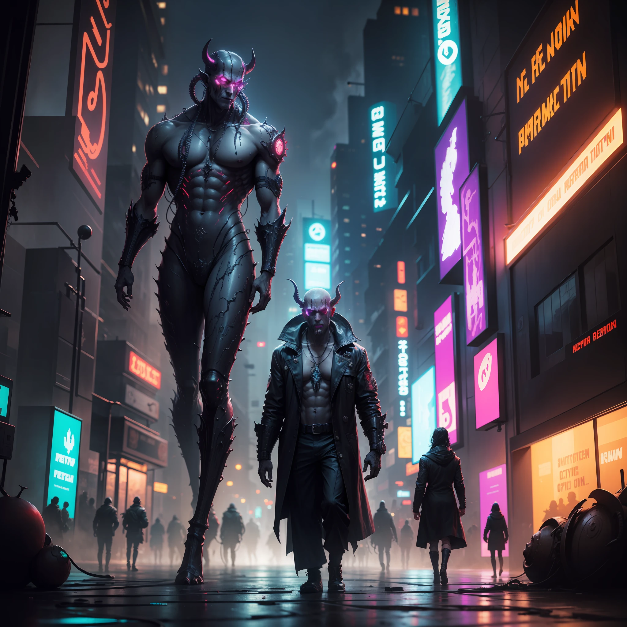 lovecraftian demon on cyberpunk city
