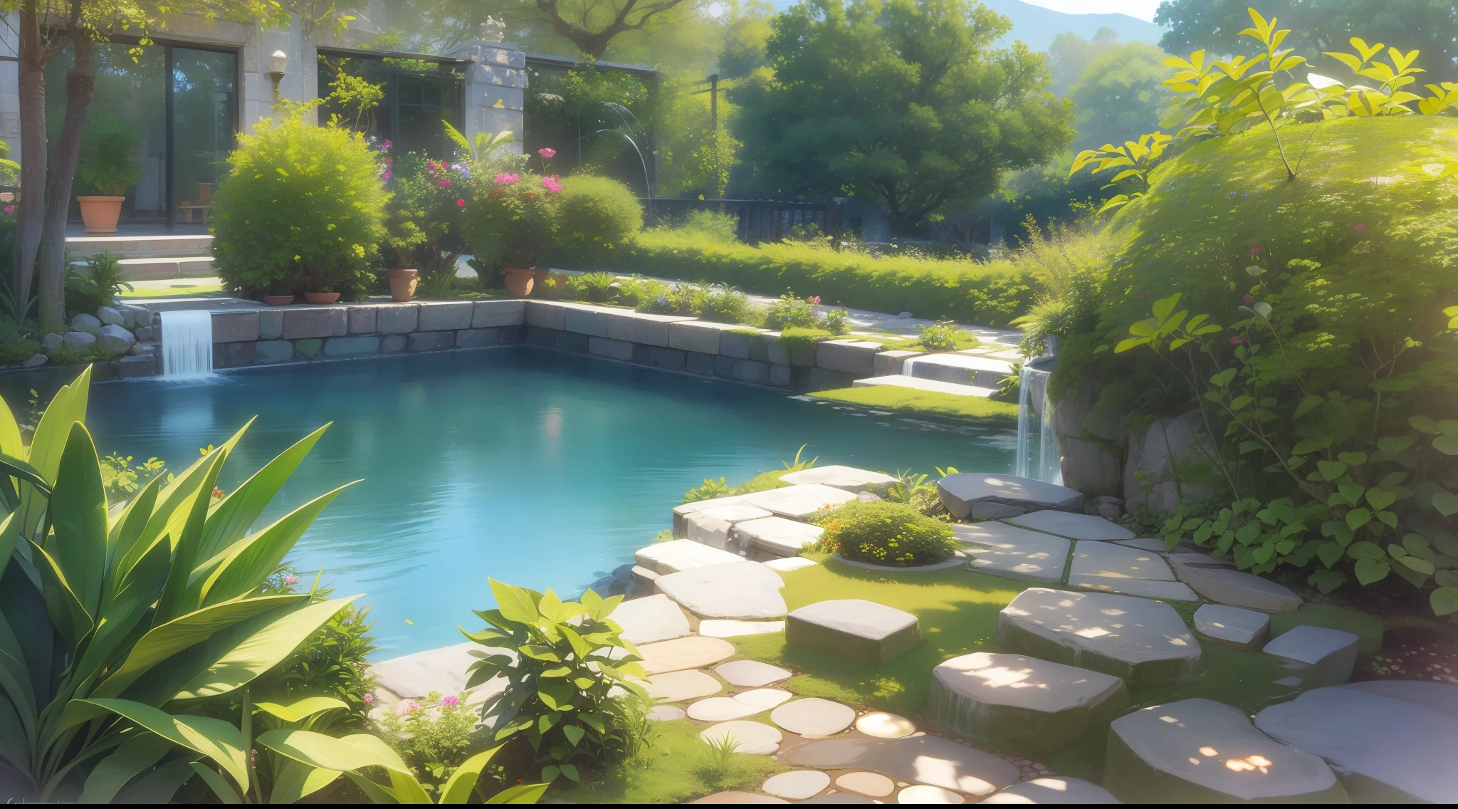 "Casa oriental, jardim com flores, pedras brancas caminho, cascata artificial"