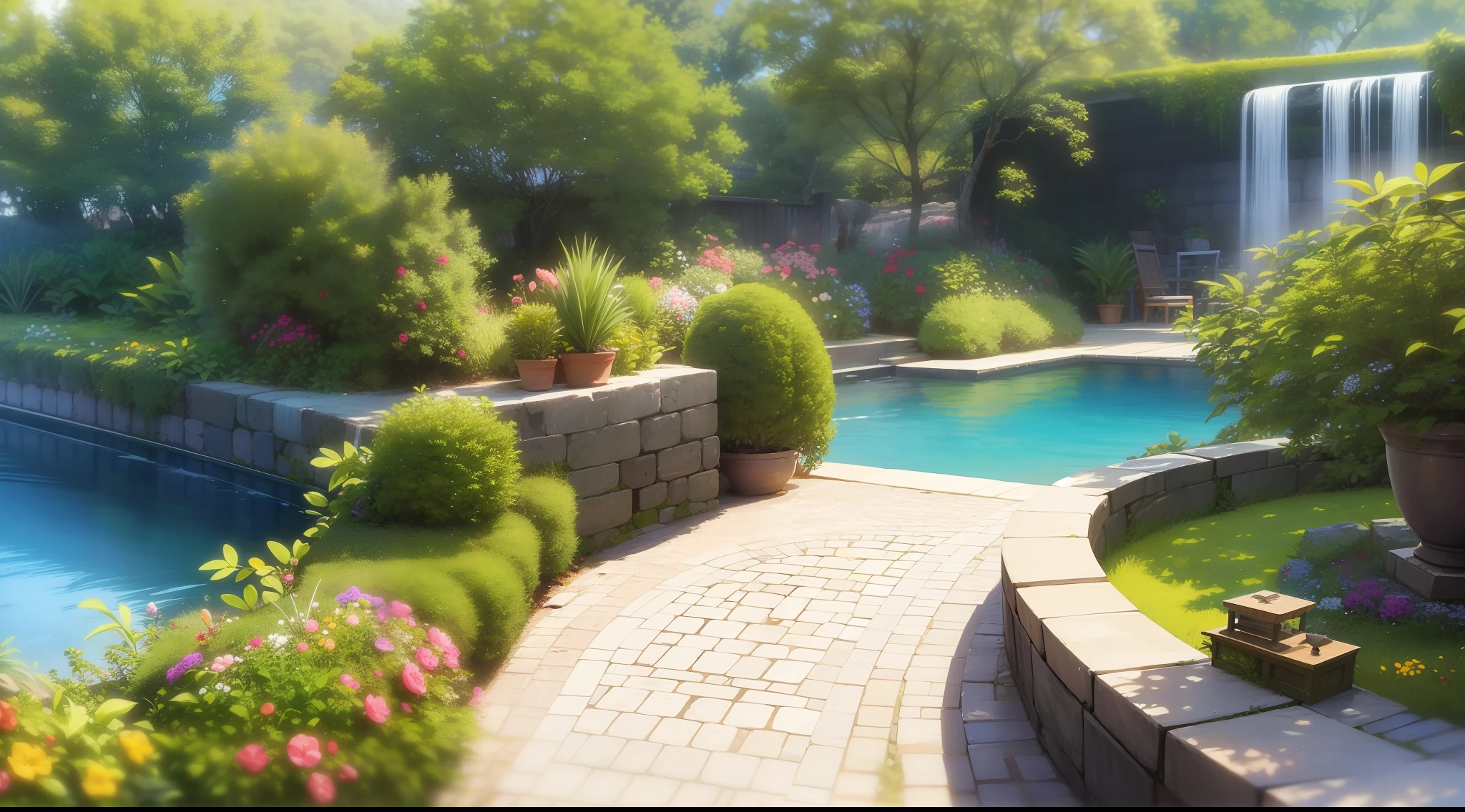 "Casa oriental, jardim com flores, pedras brancas caminho, cascata artificial"