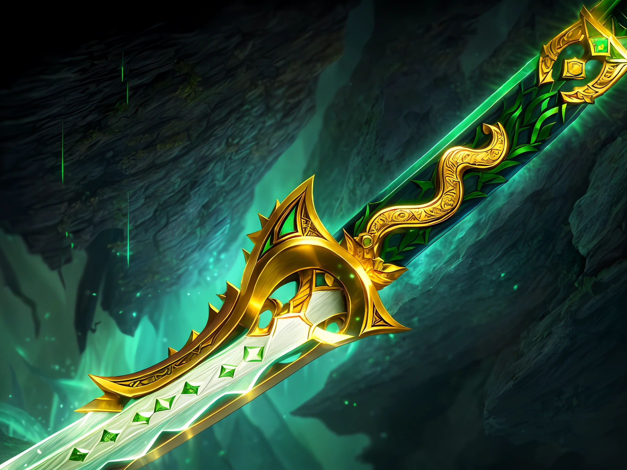 There is a golden and green sword,With a green handle, glowing green soul blade, intricate fantasy spear, gold sword, fantasy sword, beautiful sword, The sword, warcraft blizzard weapon art, Golden sword, epic fantasy weapon art, Fantasy Blade, Glowing sword, fantasy sword of warrior, fantasy weapon, shinning sword, style of ghost blade