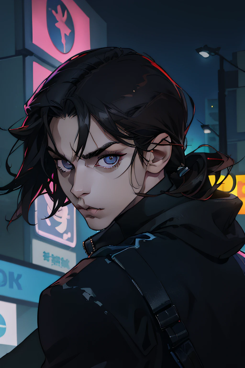 (absurdes, ah high, ultra detialed), ciberpunk, 1 male, 独奏, youth, Young guy, tall muscular guy, wide shoulders, beutiful, dark colored hair, Short Hair Hair, Dark gray eyes, forehead, angular jaw, thick neck, ciberpunk, Neon lights on the background, upper-body, The entire upper body is visible, leather jacket, aged, gaze at the viewer,