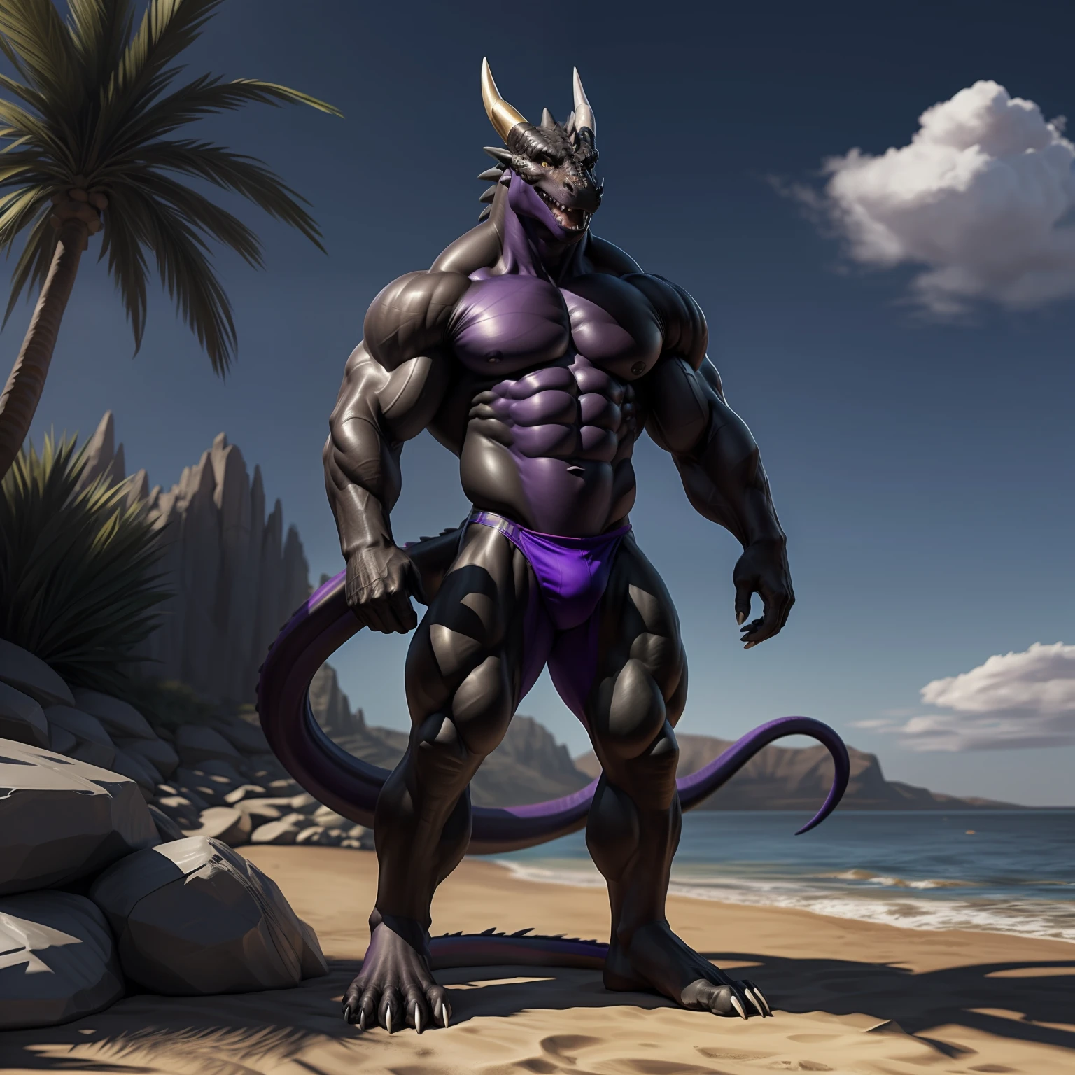 uploaded on e621.net, best quality, masterpiece, anthro, dragon, adult, old, ((solo)), seaside, muscles, buff, tall, standing, wearing clothes, detailed eyes, photorealistic, (black body) ((purple pectorial muscles, purple abs)), yellow eyes, looking pleasured, (long tail), (correct anatomy), (high detail, 3D rendering, shading), by kaynine, chunie, darkgem