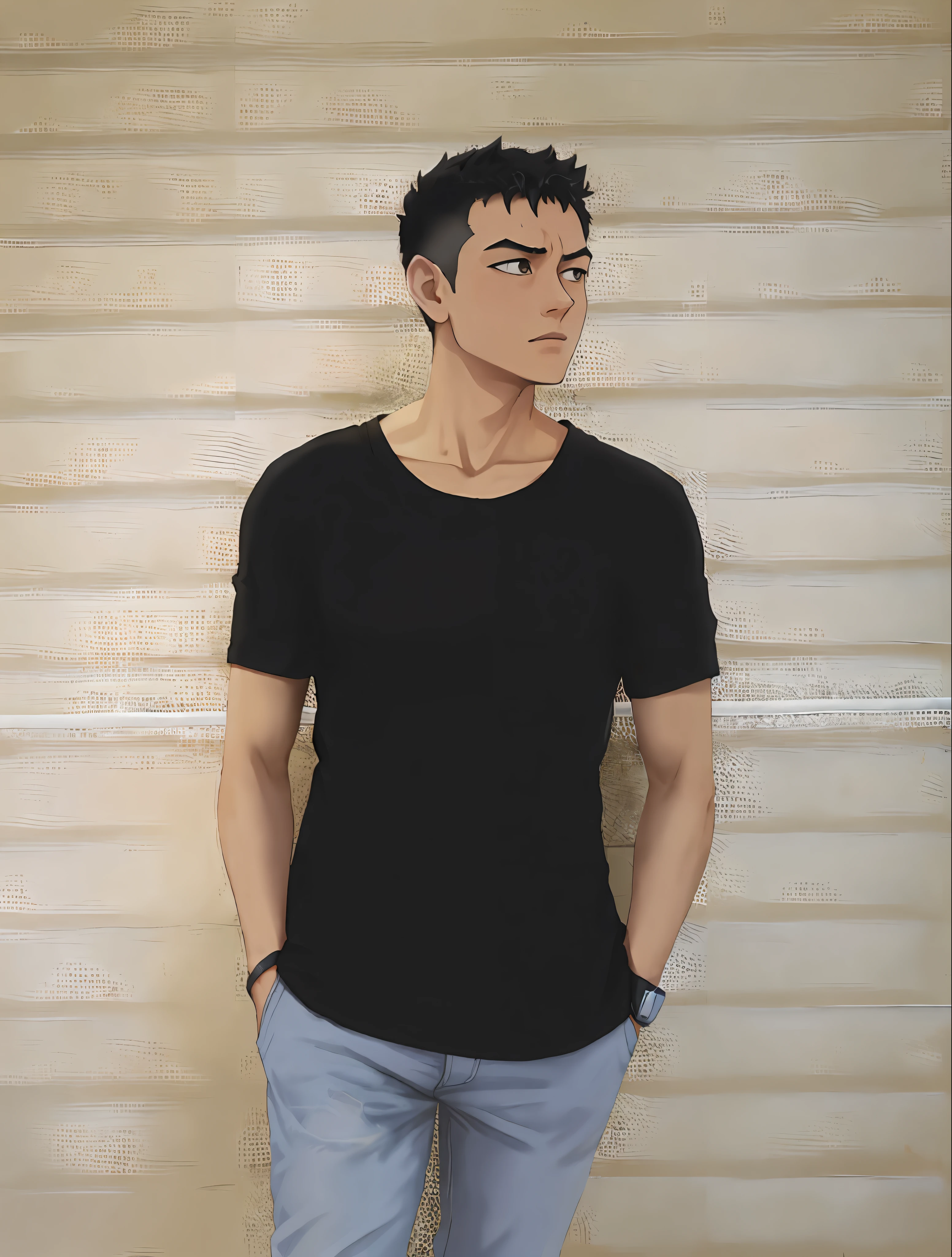 arafed man in black shirt and jeans standing in front of a wall, wearing black tshirt, he is wearing a black t-shirt, wearing a black tshirt, wearing a black t-shirt, wearing a black shirt, black t shirt, black t-shirt, black t - shirt, xintong chen, david luong, handsome chad chin, anime styel, jujutsu kaisen styel