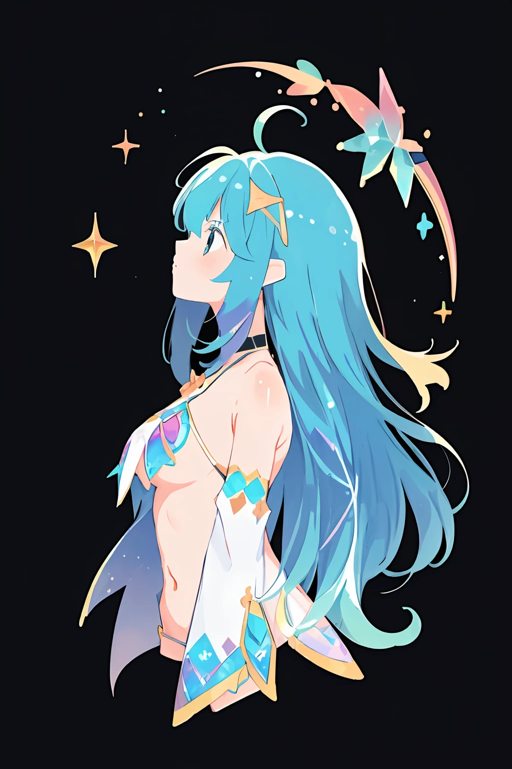 ((extremelydetailedCG)),((8K_Wallpaper)),(((masutepiece))),((top-quality)),watercolor paiting_(Medium),((Beautiful detail starry sky)),both sexes, cinmatic lighting,Princess,very long iridescent hair,from side view,LookingATVIEWER,fullllbody,frilld,(Far from the viewer),((Highly detailed facial)),((Very delicate and beautiful girl)),((extremely detailed cute anime face)),((Very detailed eyes)),(((extra detailed body))),(ultra-detailliert),Illustration,((bare stomach)),((Bare shoulders)),smallbreast,((sideboob barbosa)),((((Floating and rainbow hair)))),(((Iridescence and rainbow hair))),(((Very detailed clothes))),((((Rainbow and iridescent colors)))),(Rainbow colors and rainbow eyes),Beautiful detail hair,Beautiful fece,dramaticangle,(big top sleeves),frilld,blush,(Ahoge)